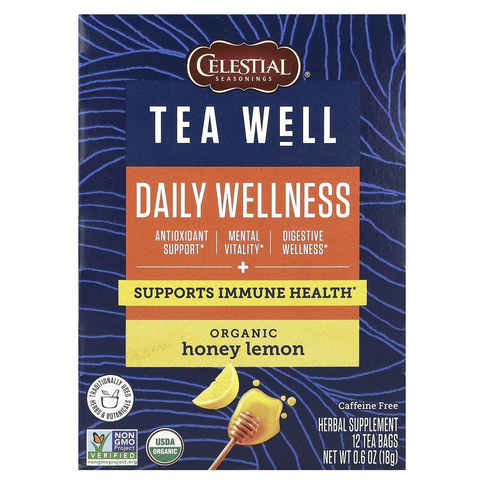 Celestial Seasonings, Tea Well, Daily Wellness, органический мед и лимон, без кофеина, 12 чайных пакетиков по 1,6 г (0,06 унции)