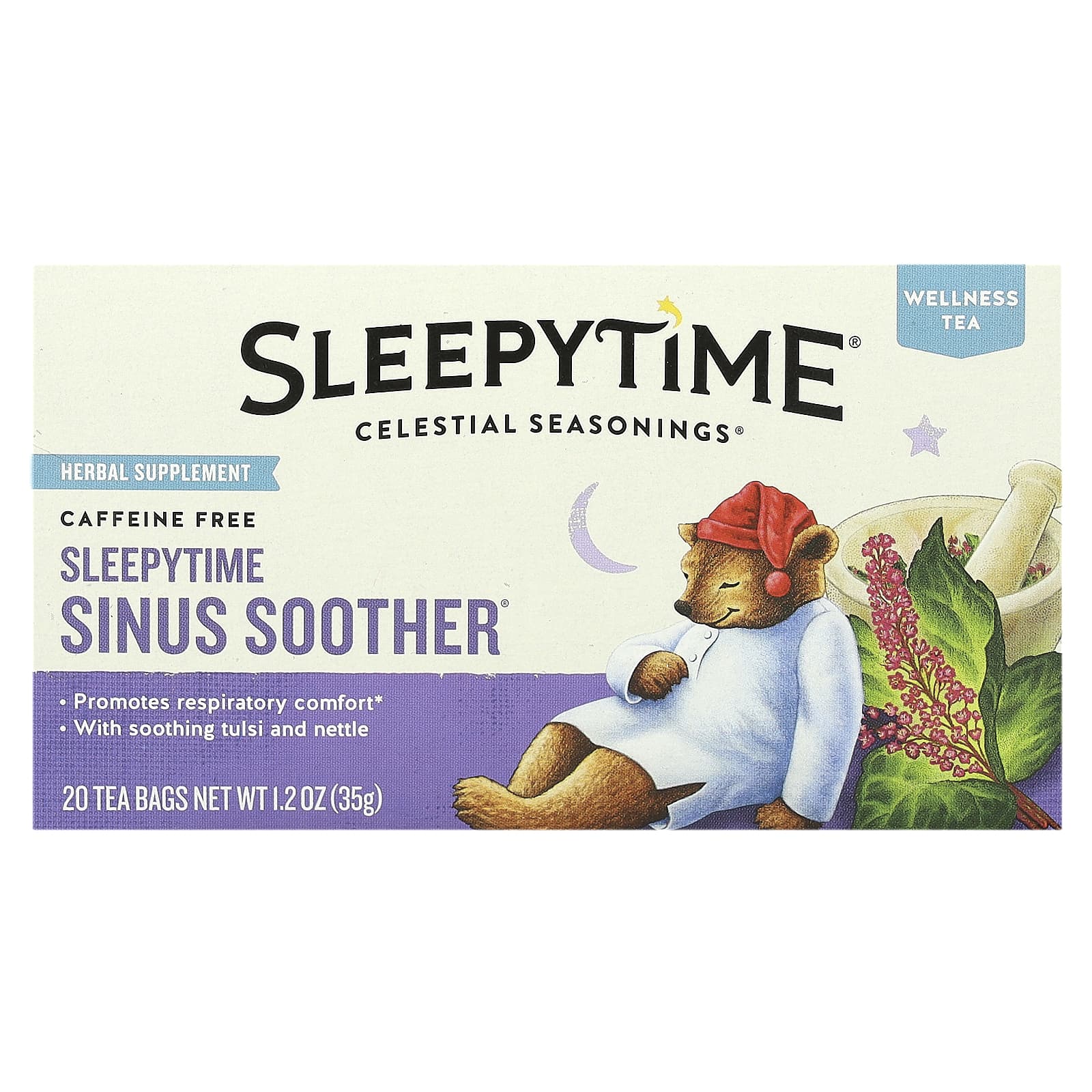 Celestial Seasonings, Wellness Tea, Sleepytime, средство для облегчения носовых пазух, без кофеина, 20 чайных пакетиков, 35 г (1,2 унции)