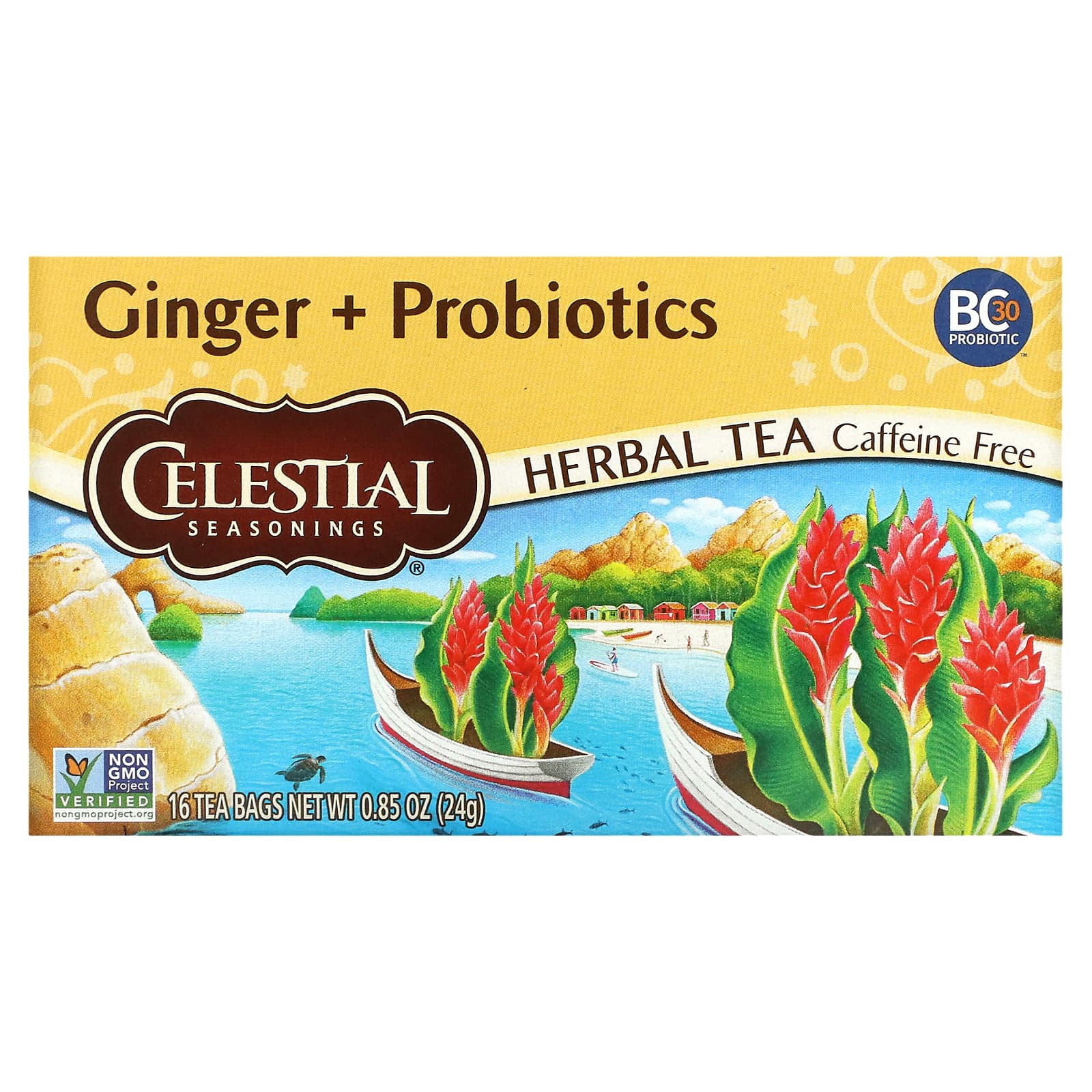 Celestial Seasonings, Травяной чай, имбирь + пробиотики, без кофеина, 20 чайных пакетиков, 1,1 унции (31 г)