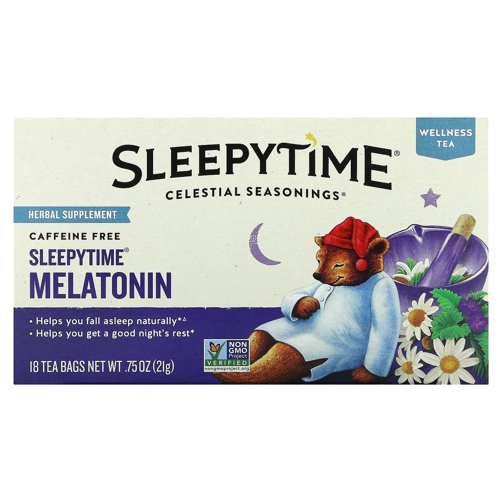 Celestial Seasonings, Sleepytime, чай с мелатонином, без кофеина, 18 чайных пакетиков, 21 г (0,75 унции)