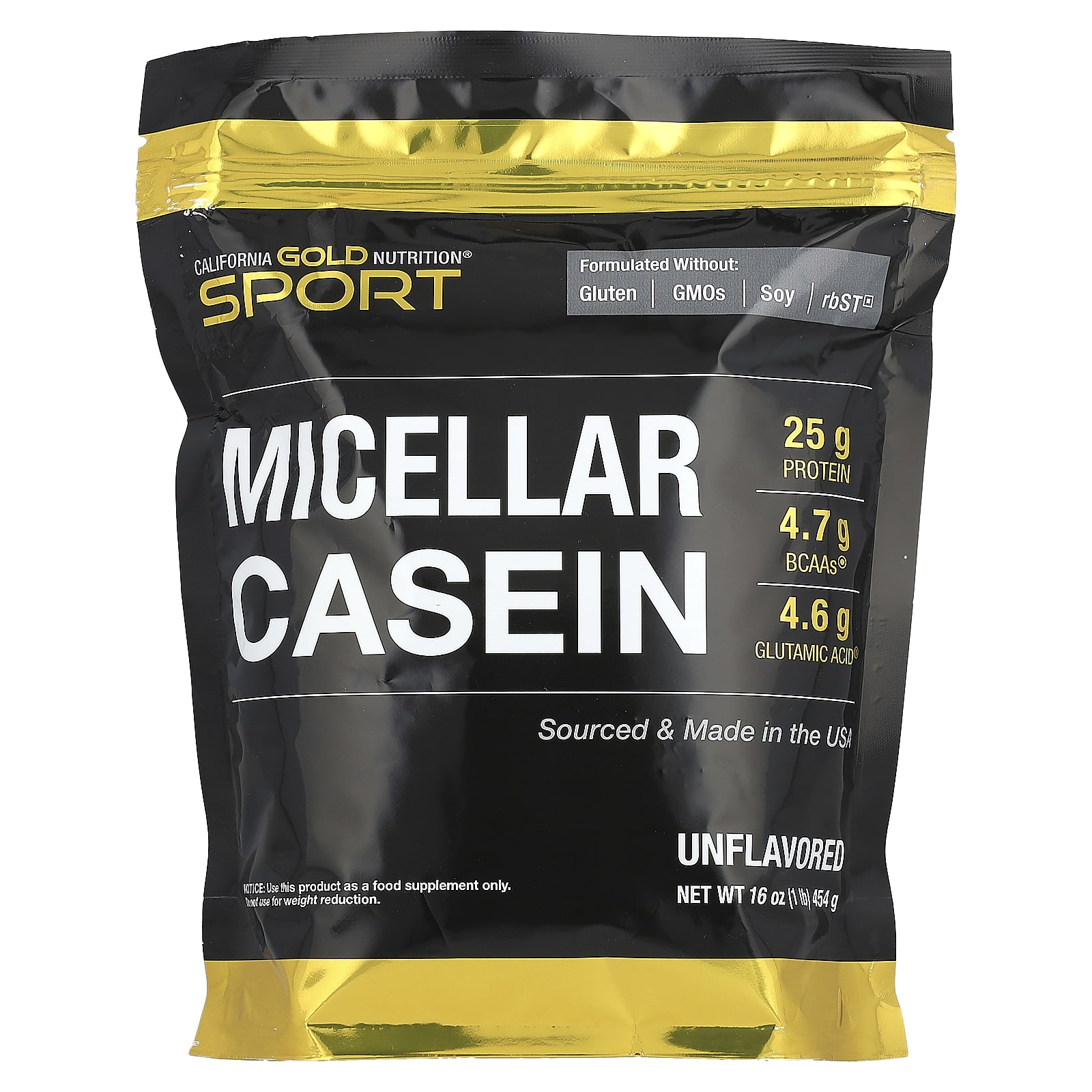 California Gold Nutrition, Sport, мицеллярный казеин, без добавок, медленное усвоение, 454 г (16 унций)