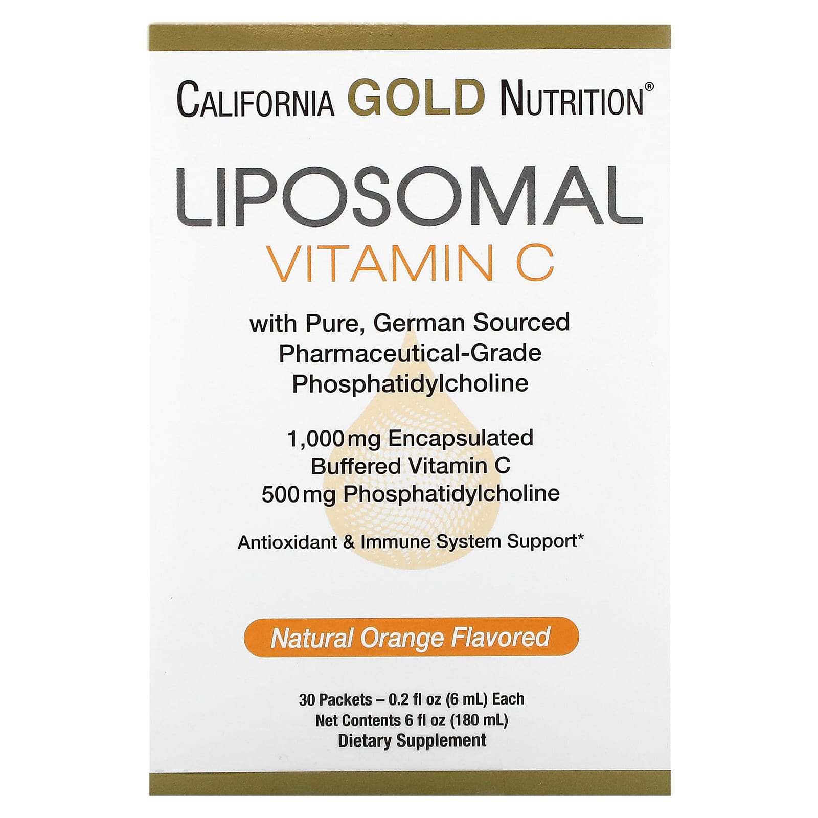 California Gold Nutrition, липосомальный витамин C, со вкусом апельсина, 1000 мг, 30 пакетиков по 6 мл (0,2 жидк. унции)