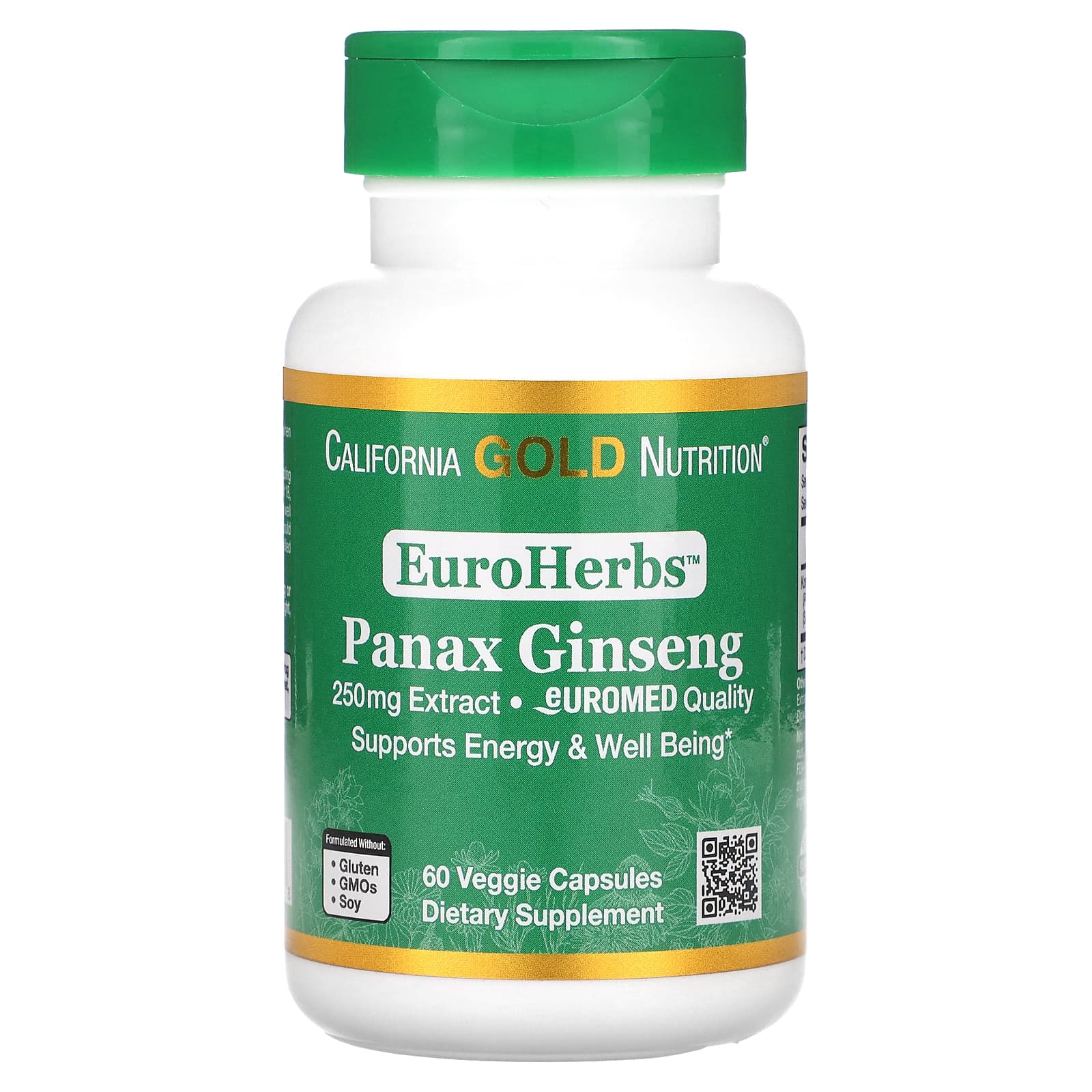 California Gold Nutrition, EuroHerbs, экстракт женьшеня обыкновенного, качество Euromed, 250 мг, 60 растительных капсул