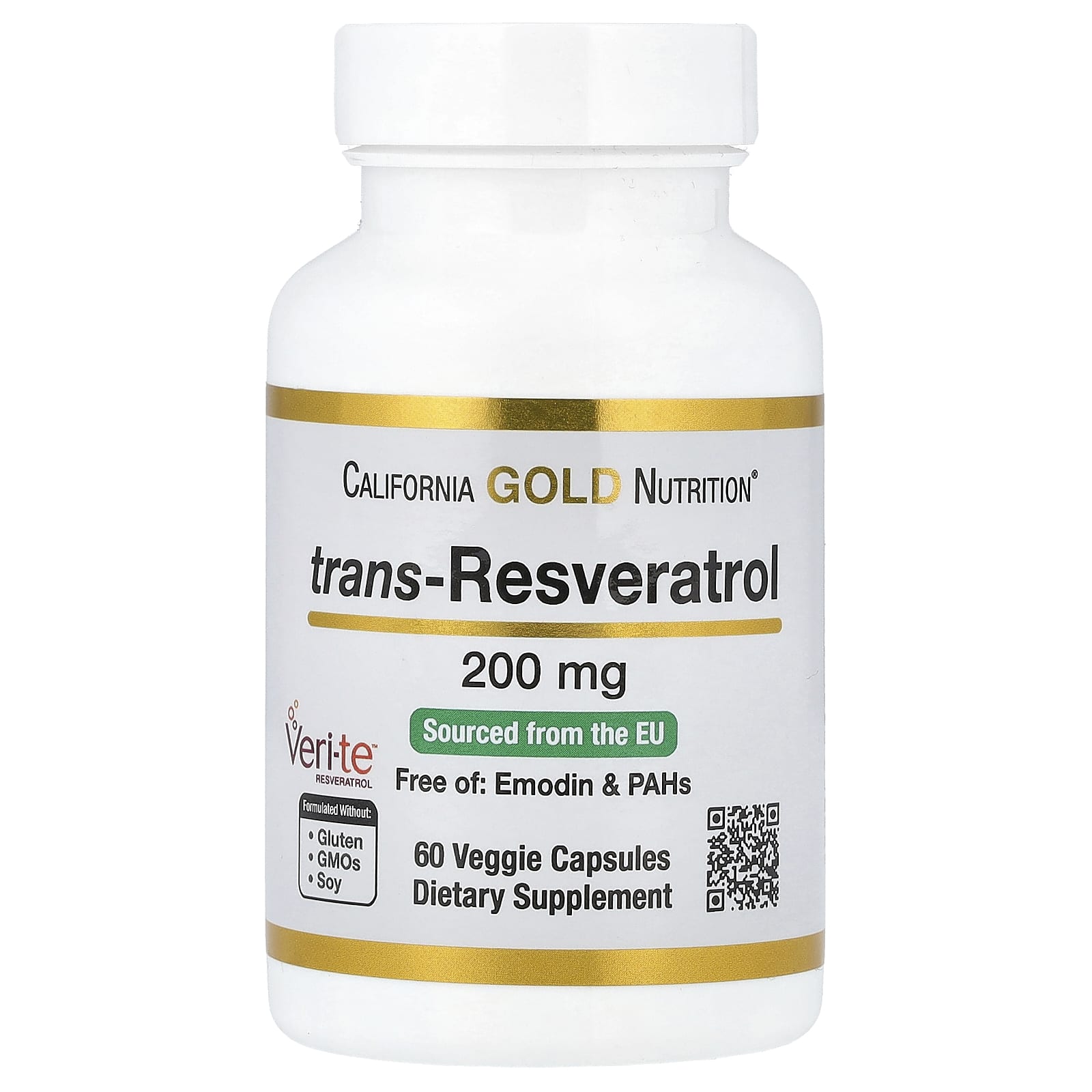 California Gold Nutrition, транс-ресвератрол, итальянского происхождения, 200 мг, 60 растительных капсул