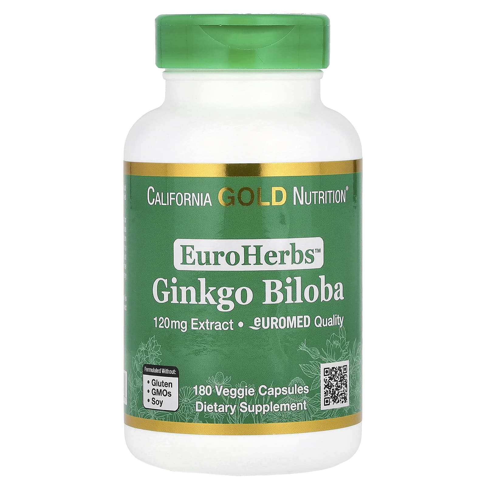 California Gold Nutrition, EuroHerbs™, экстракт гинкго билоба, качество Euromed, 120 мг, 180 растительных капсул