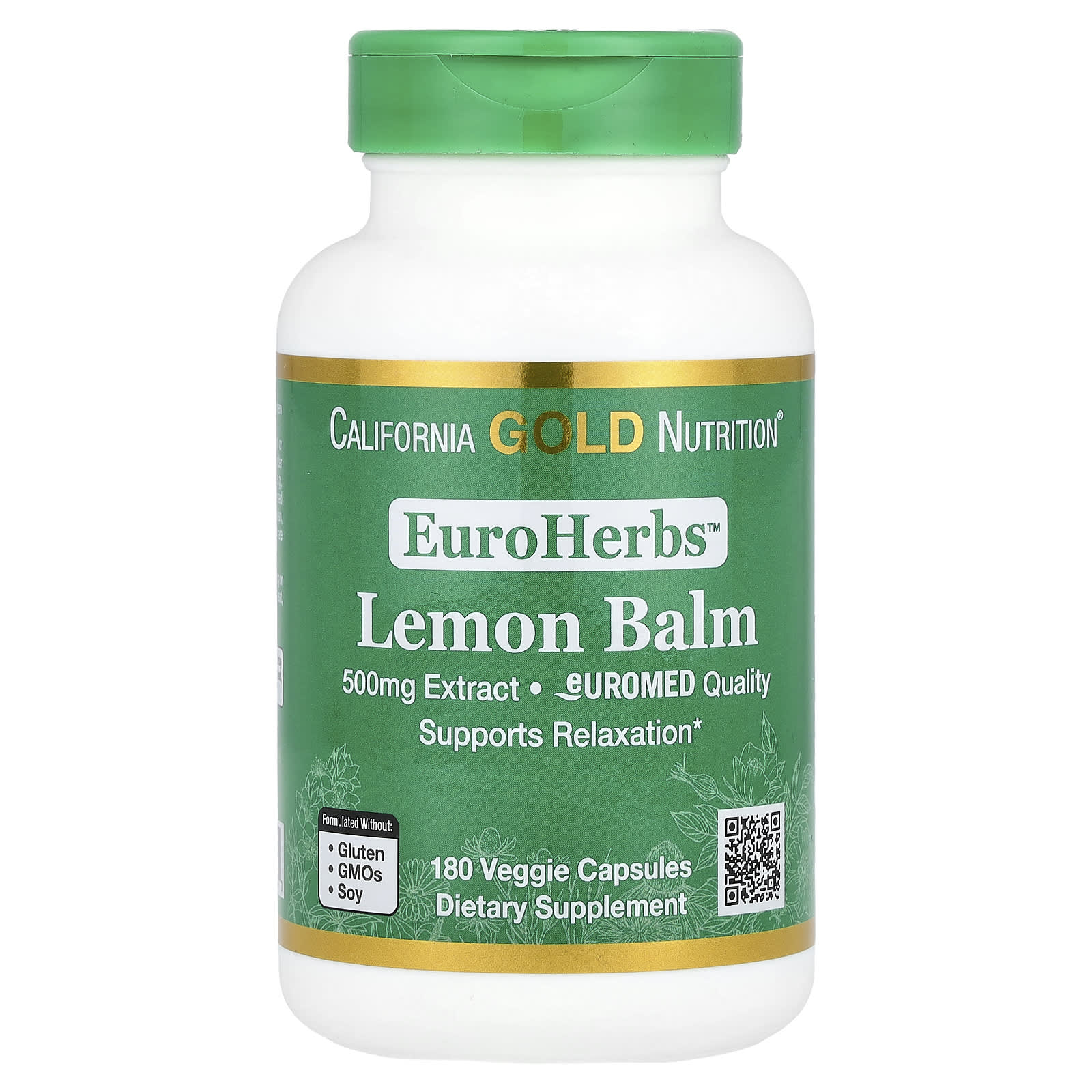 California Gold Nutrition, EuroHerbs™, экстракт мелиссы лекарственной, качество Euromed, 500 мг, 180 растительных капсул