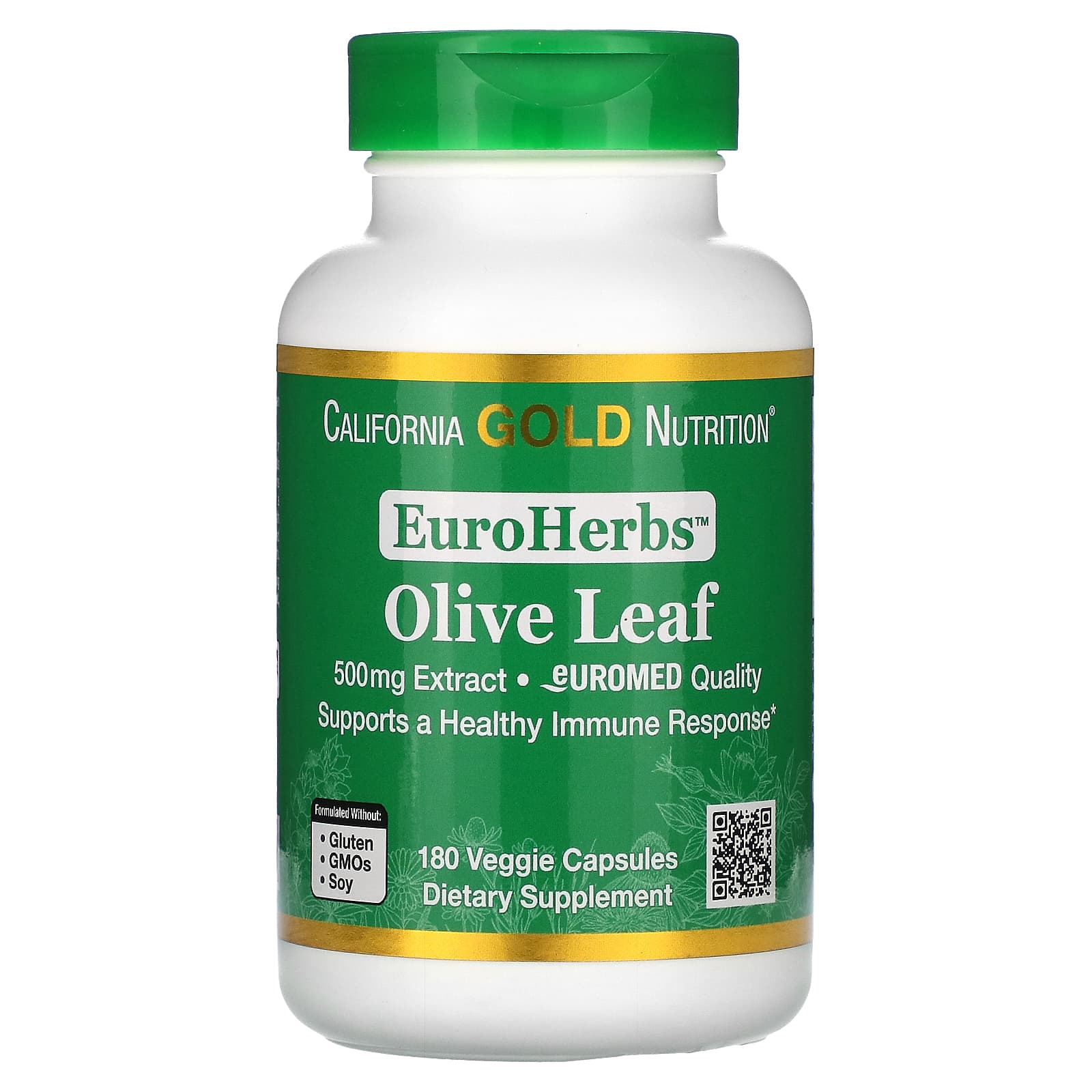 California Gold Nutrition, EuroHerbs, экстракт листьев оливкового дерева, качество Euromed, 500 мг, 180 растительных капсул