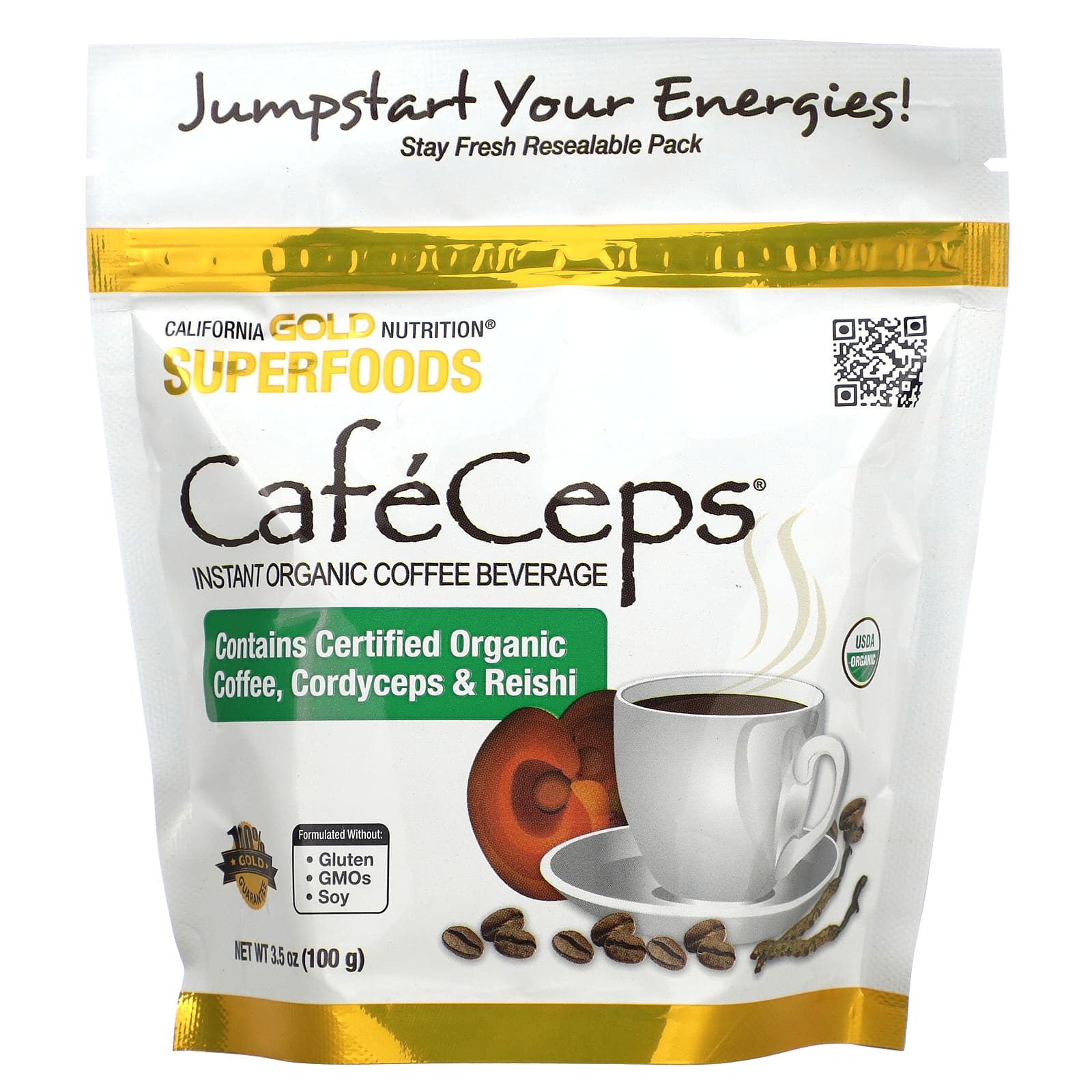 California Gold Nutrition, CafeCeps, сертифицированный органический растворимый кофе с порошком из грибов кордицепс и рейши, 100 г (3,5 унции)