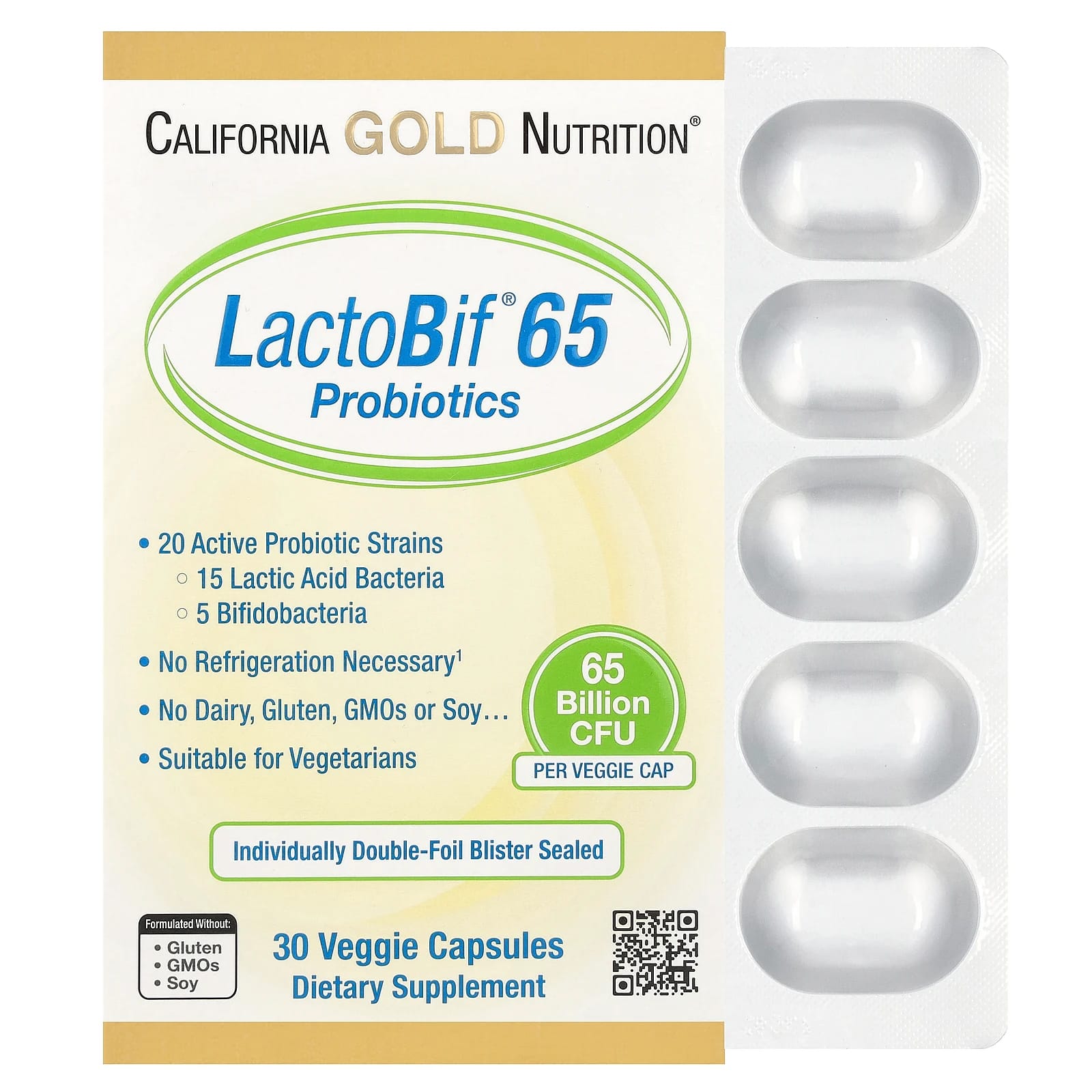 California Gold Nutrition, LactoBif 65, пробиотики, 65 млрд КОЕ, 30 вегетарианских капсул
