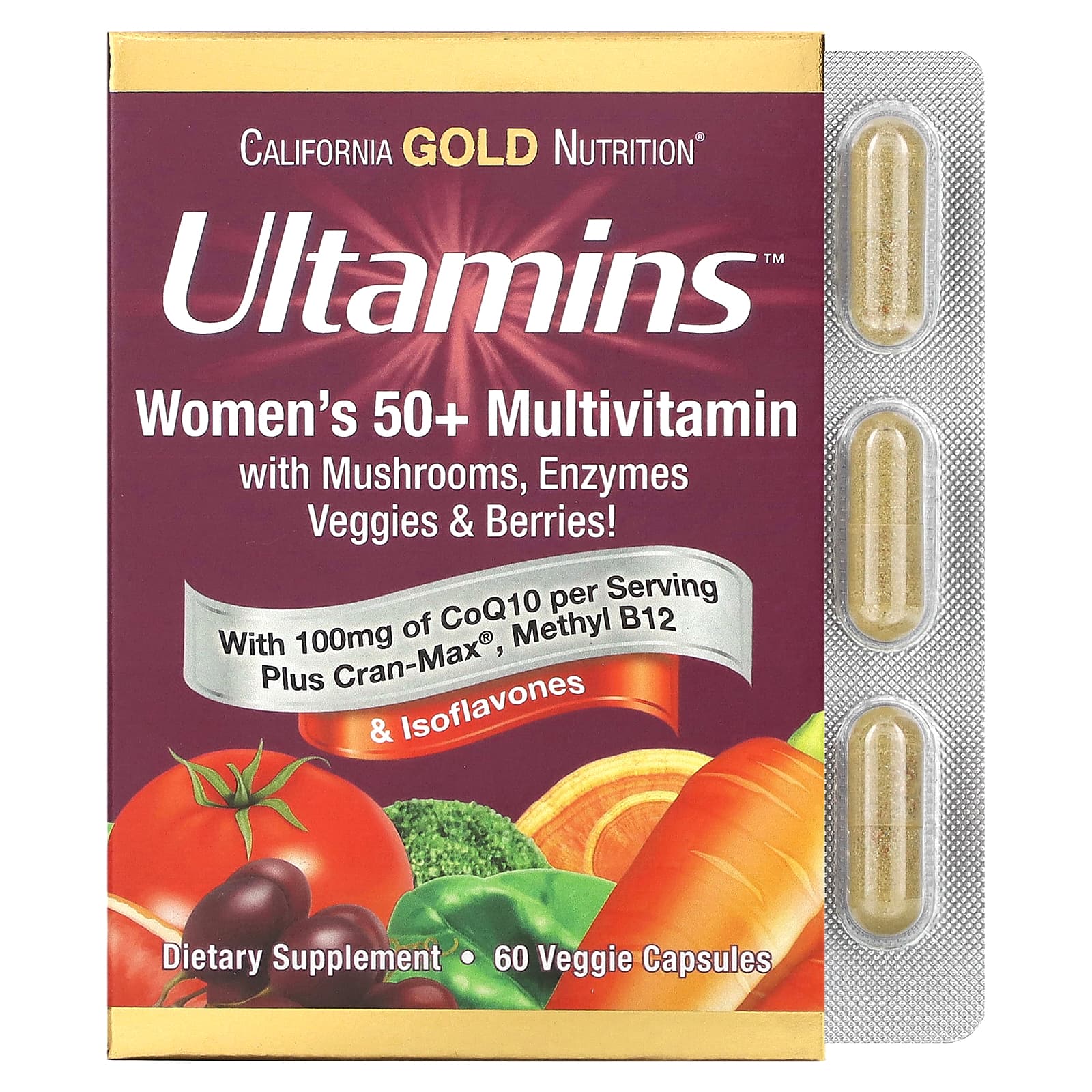 California Gold Nutrition Ultamins мультивитаминный комплекс для женщин старше 50 лет с коэнзимом Q10 грибами ферментами овощами и ягодами 60 растительных капсул 4790₽