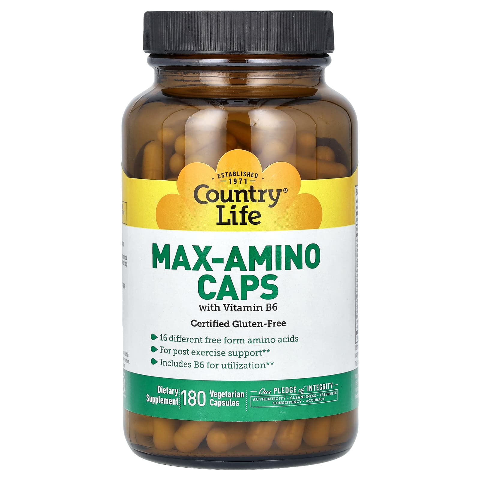 Country Life, Max-Amino Caps, с витамином B-6, 180 вегетарианских капсул