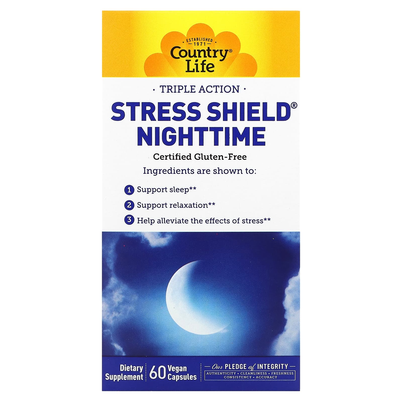 Country Life, Stress Shield Nighttime, тройного действия, 60 веганских капсул