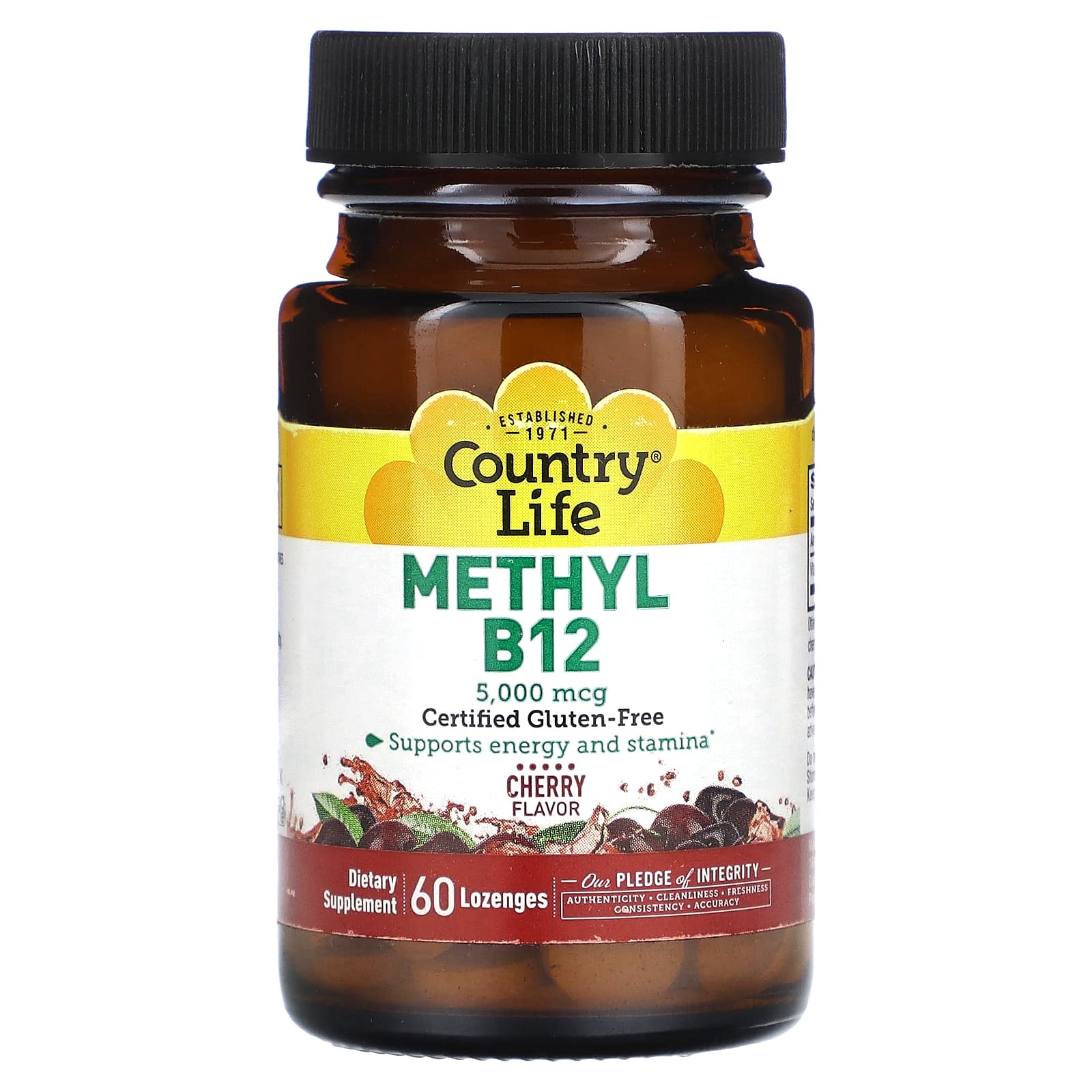 Country Life, метилированный витамин B12, со вкусом вишни, 5000 мкг, 60 пастилок