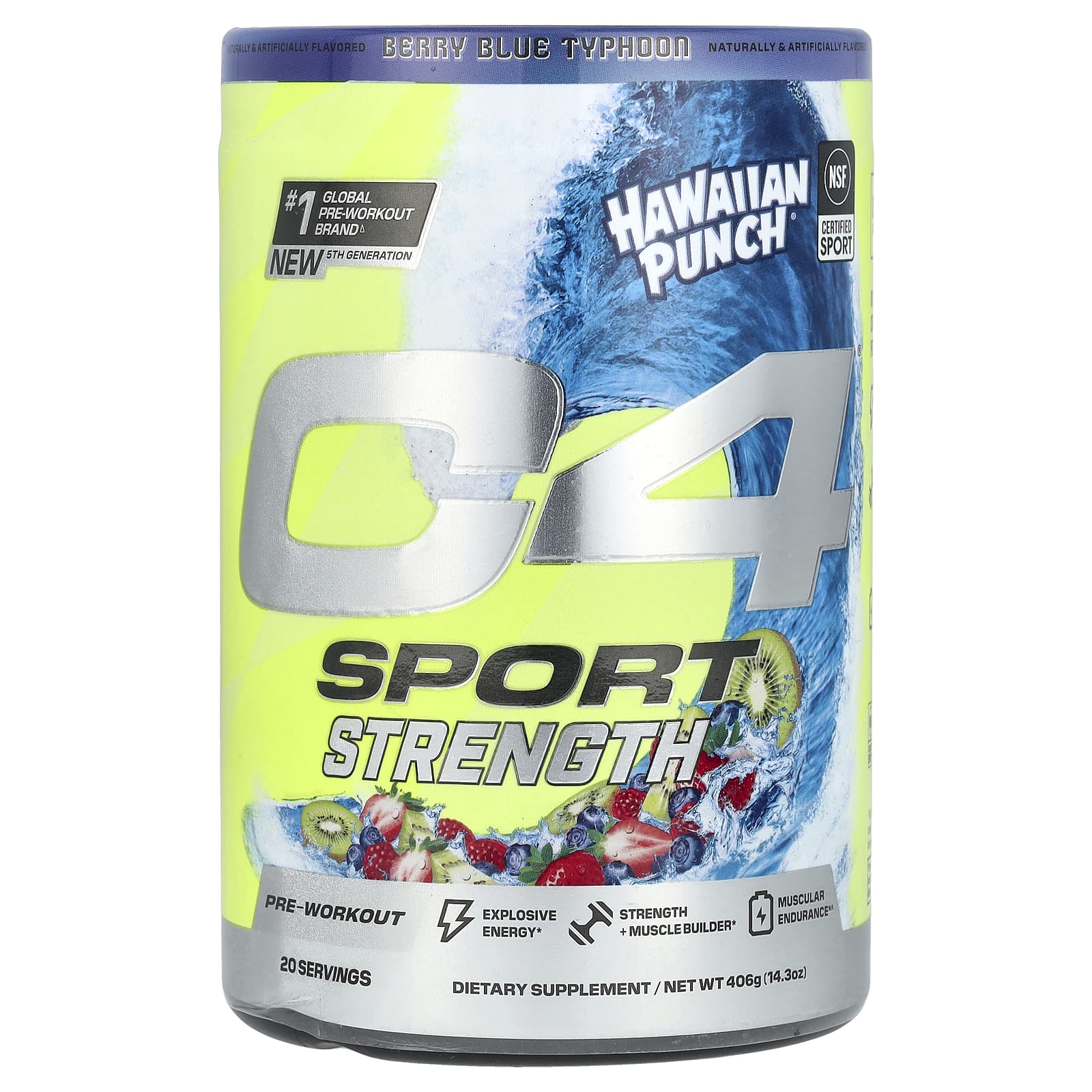 Cellucor, C4 Sport, Strength, предтренировочный комплекс, Hawaiian Punch®, ягодный синий тайфун, 406 г (14,3 унции)