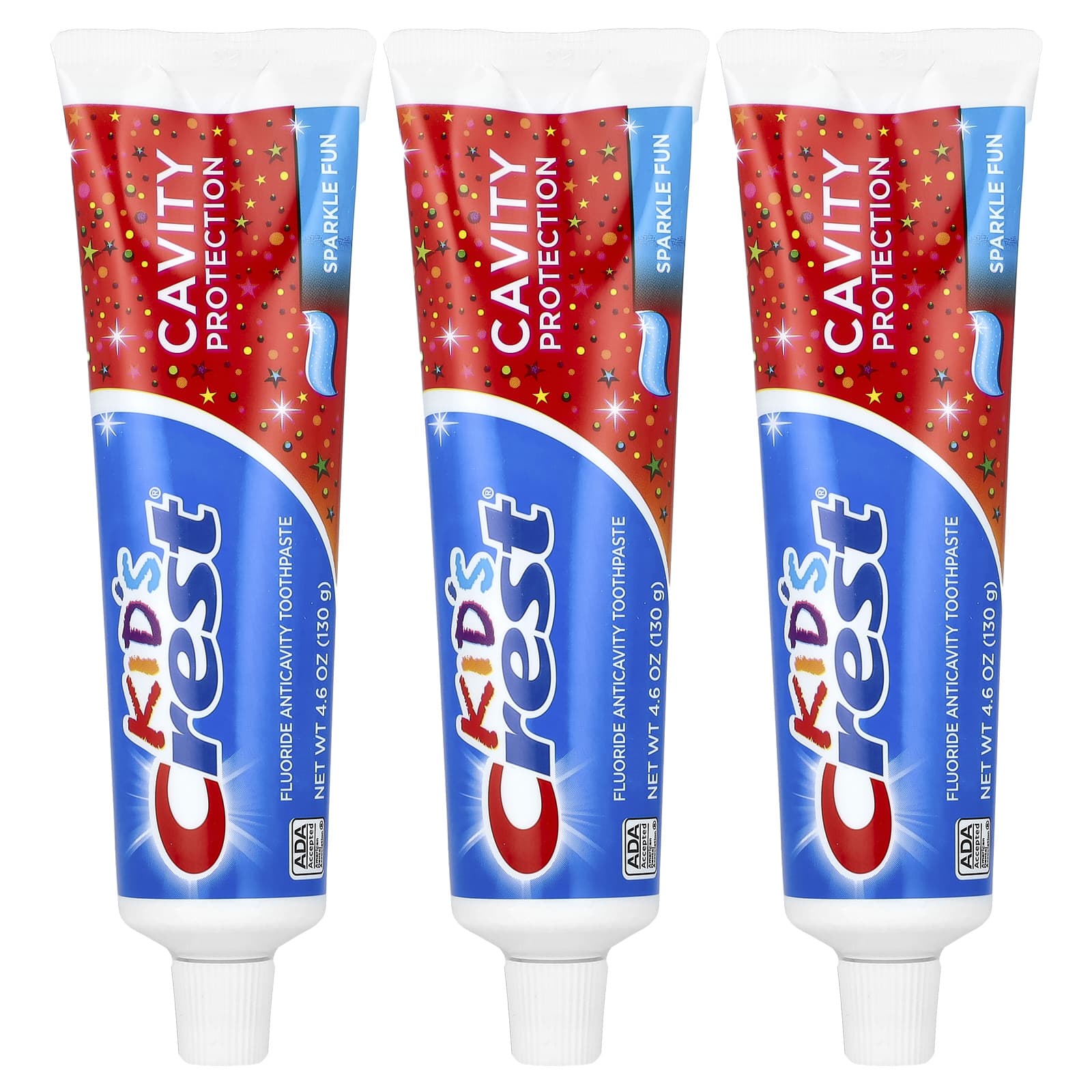 Crest, для детей, зубная паста против кариеса с фтором, с блестками, 3 шт. в упаковке, 130 г (4,6 унции)