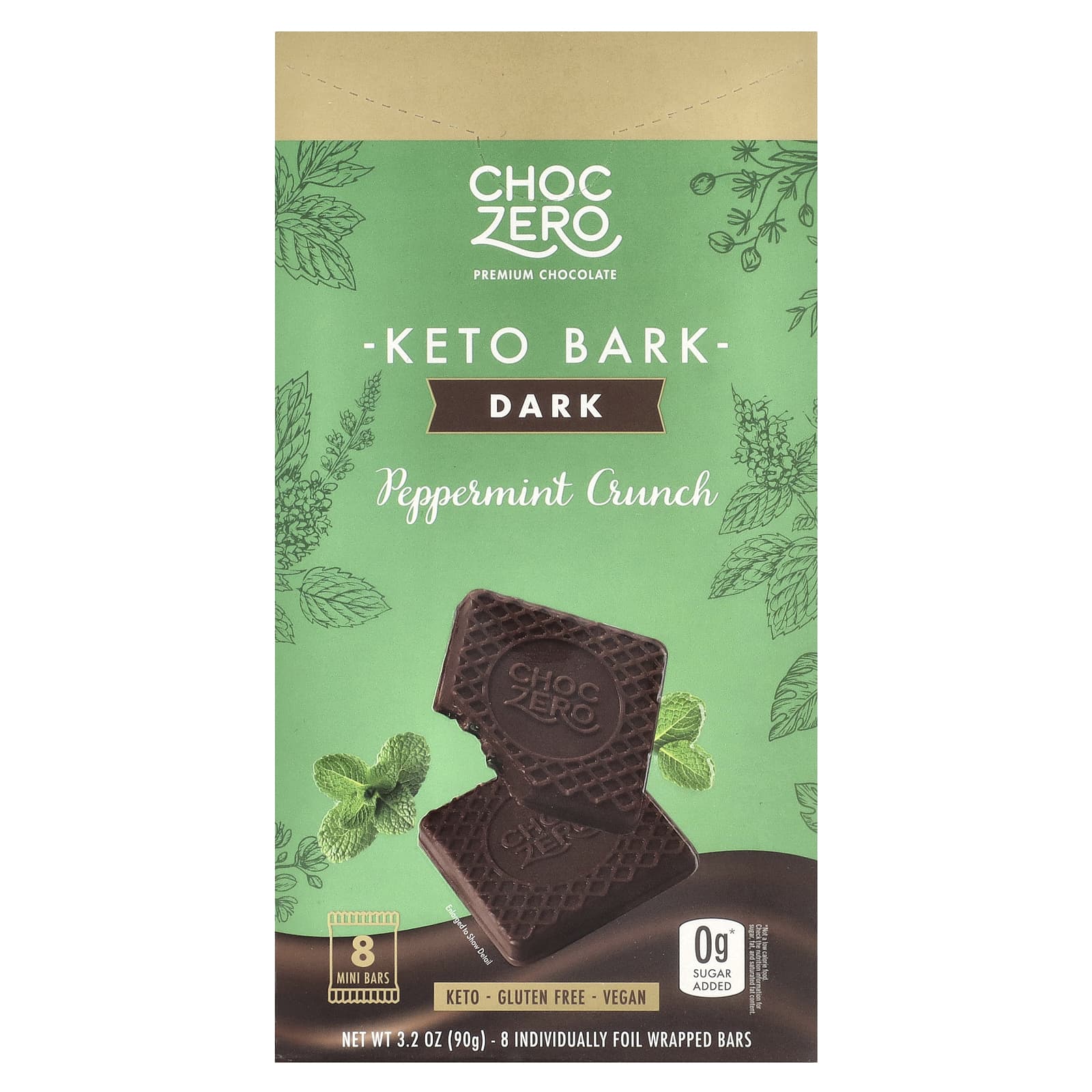 ChocZero, Keto Bark, темный шоколад, хрустящая мята, 8 батончиков в фольге, 90 г (3,2 унции)