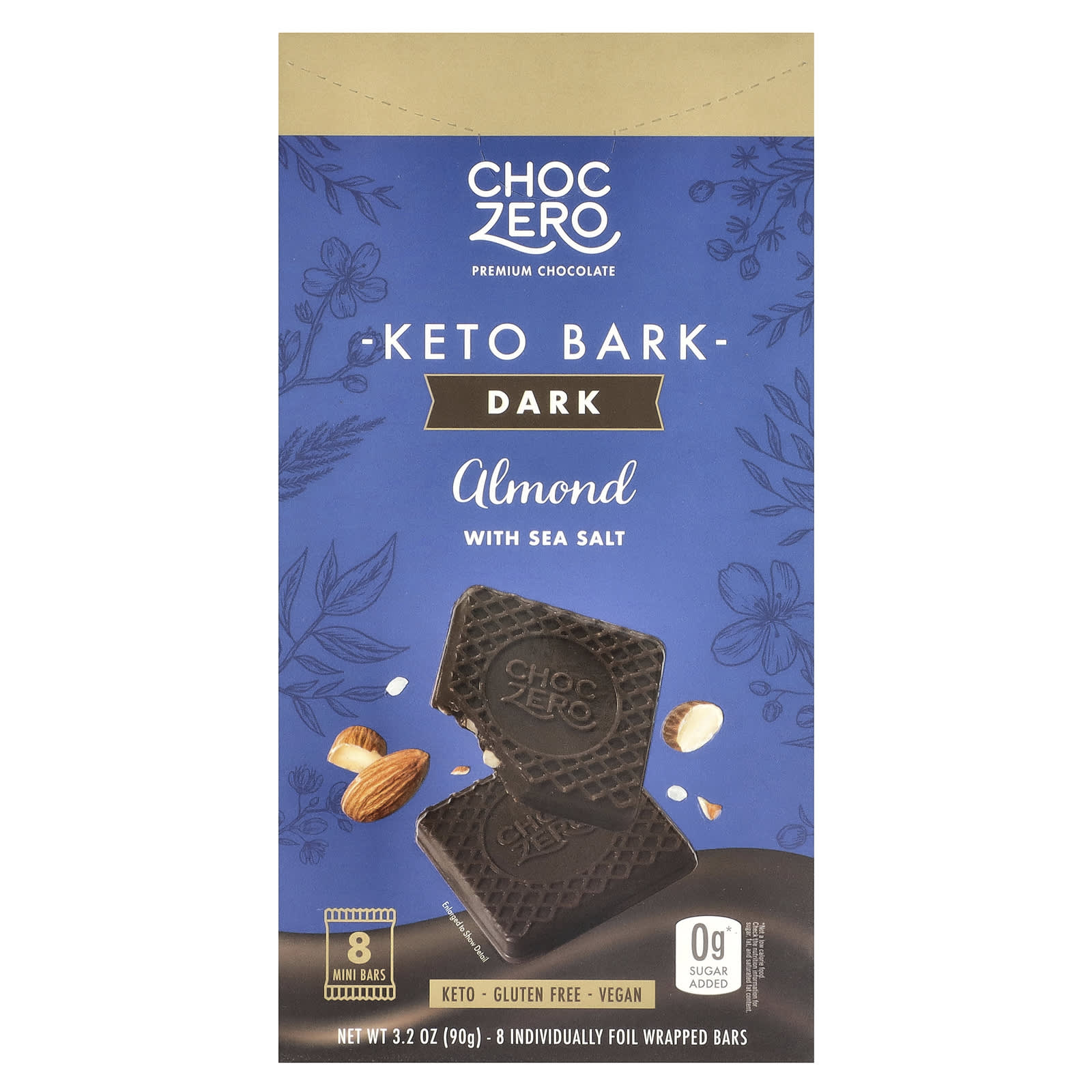 ChocZero, Keto Bark, темный шоколад, миндаль с морской солью, 8 батончиков в фольге, 90 г (3,2 унции)