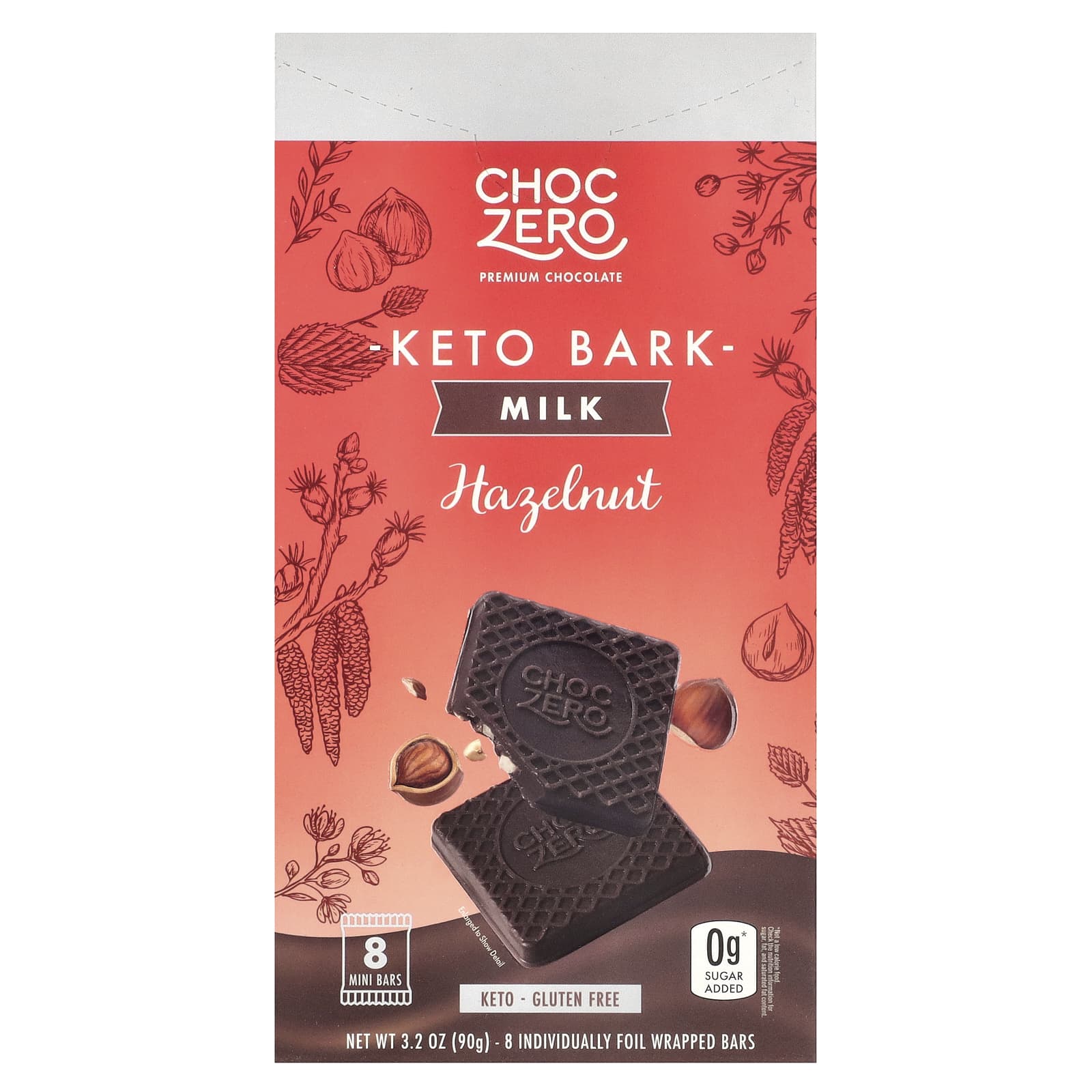 ChocZero, Keto Bark, молочный шоколад, фундук, 8 батончиков, 90 г (3,2 унции)