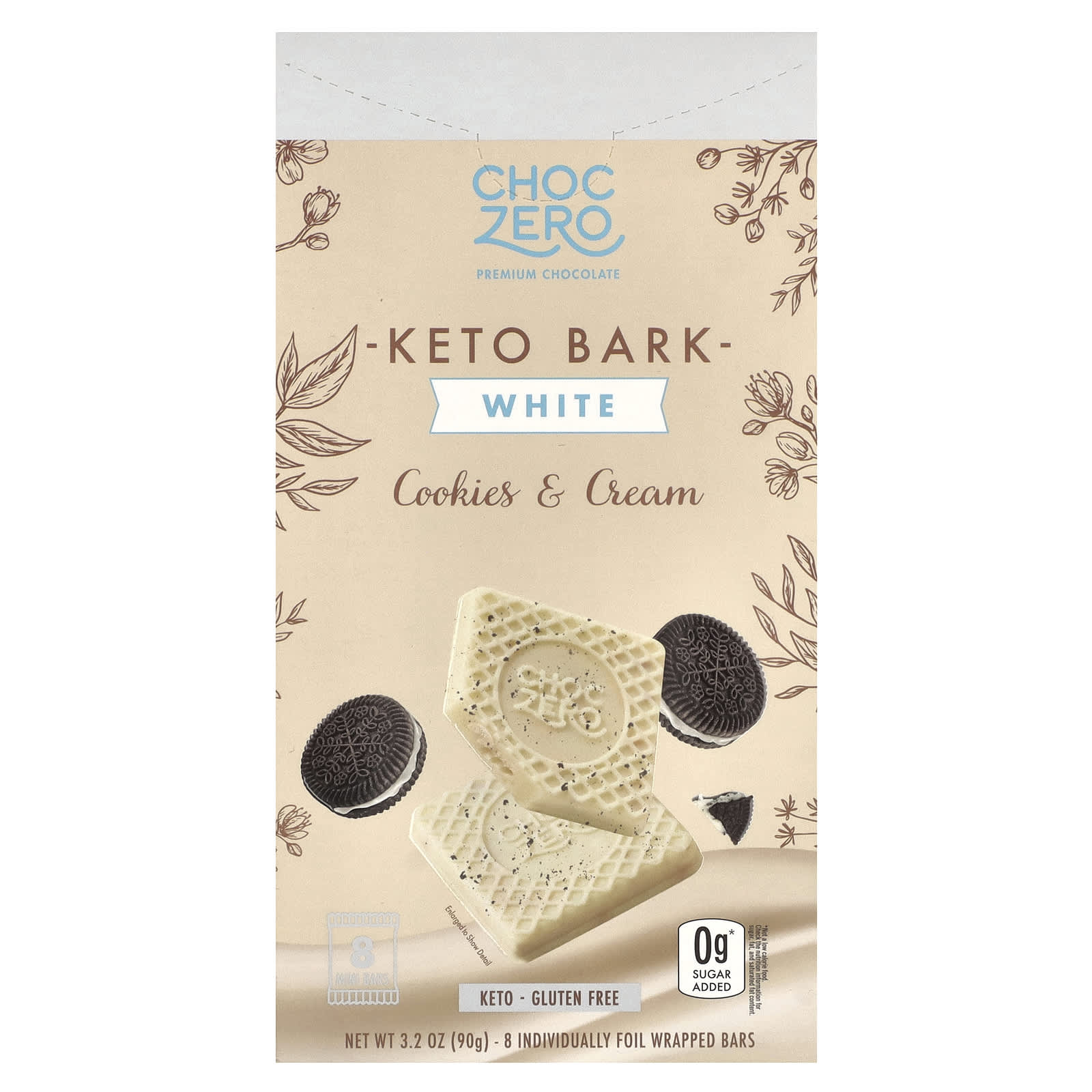 ChocZero, Keto Bark, белый шоколад, печенье и сливки, 8 батончиков в фольге, 90 г (3,2 унции)