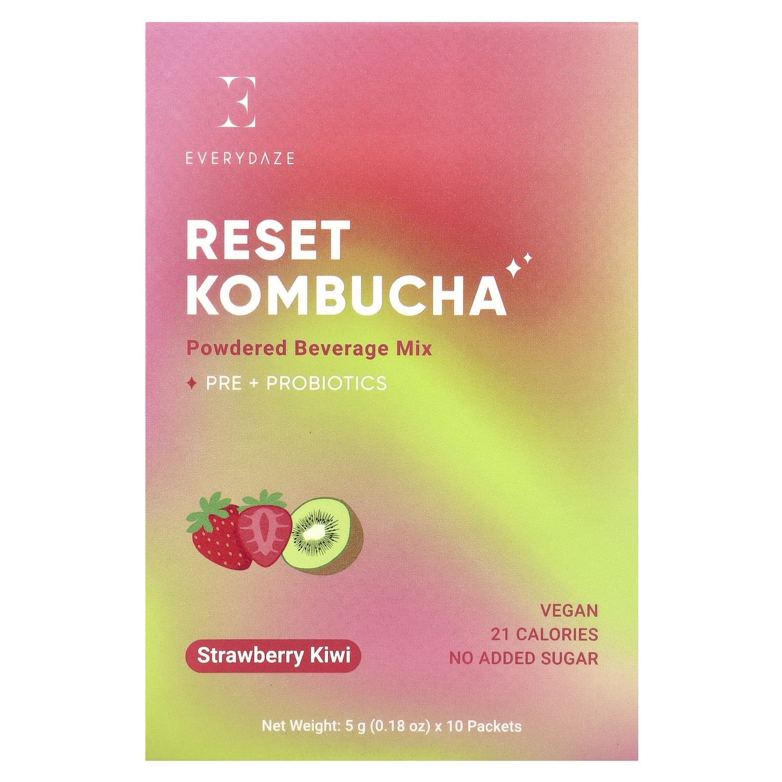 Everydaze, Reset Kombucha, сухая смесь для напитков, клубника и киви, 10 пакетиков по 5 г (0,18 унции)