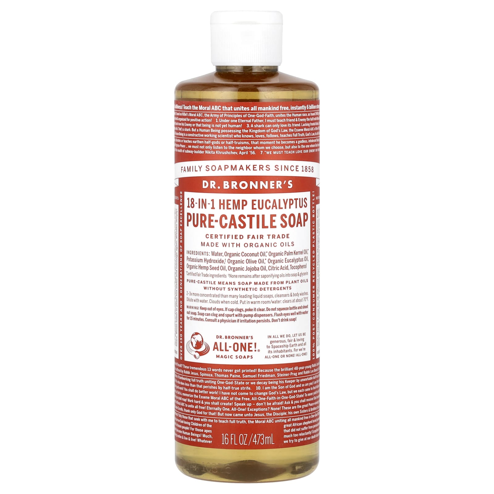 Dr. Bronner's, Чистое кастильское мыло из конопли 18-в-1, эвкалипт, 16 жидких унций (473 мл)