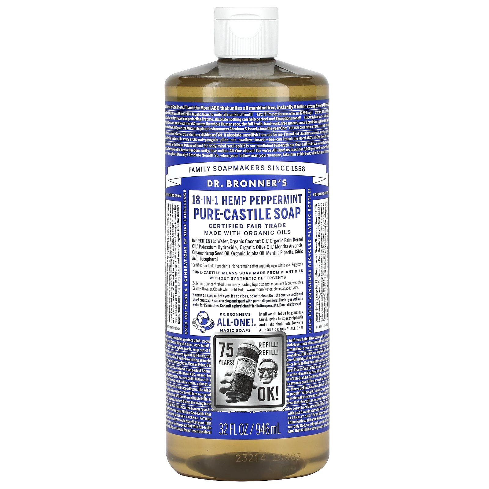 Dr. Bronner's, Чистое кастильское мыло из конопли 18 в 1, перечная мята, 946 мл (32 жидк. Унции)