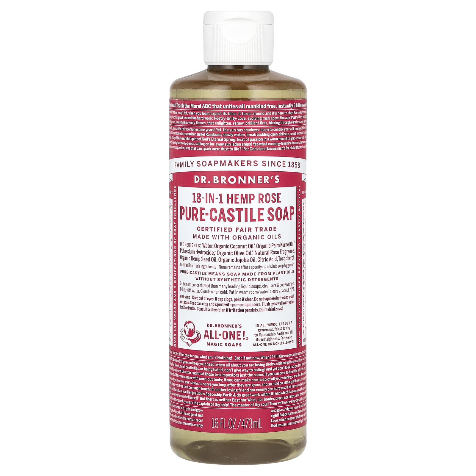 Dr. Bronner's, 18-в-1 чистое кастильское мыло из конопли, розовое, 473 мл (16 жидк. Унций)