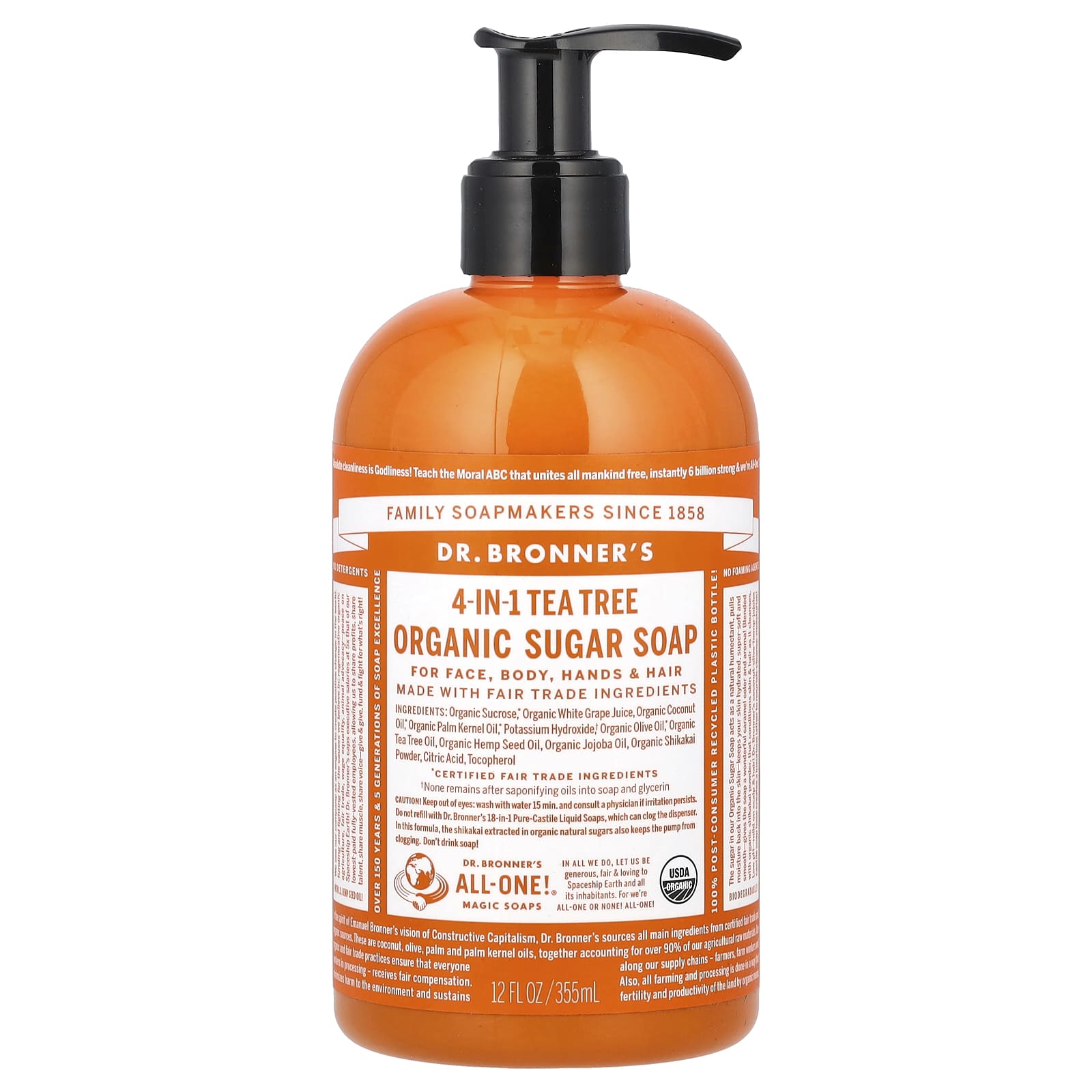 Dr. Bronner's, Органическое сахарное мыло 4 в 1, для рук, лица, тела и волос, чайное дерево, 355 мл (12 жидк. Унций)