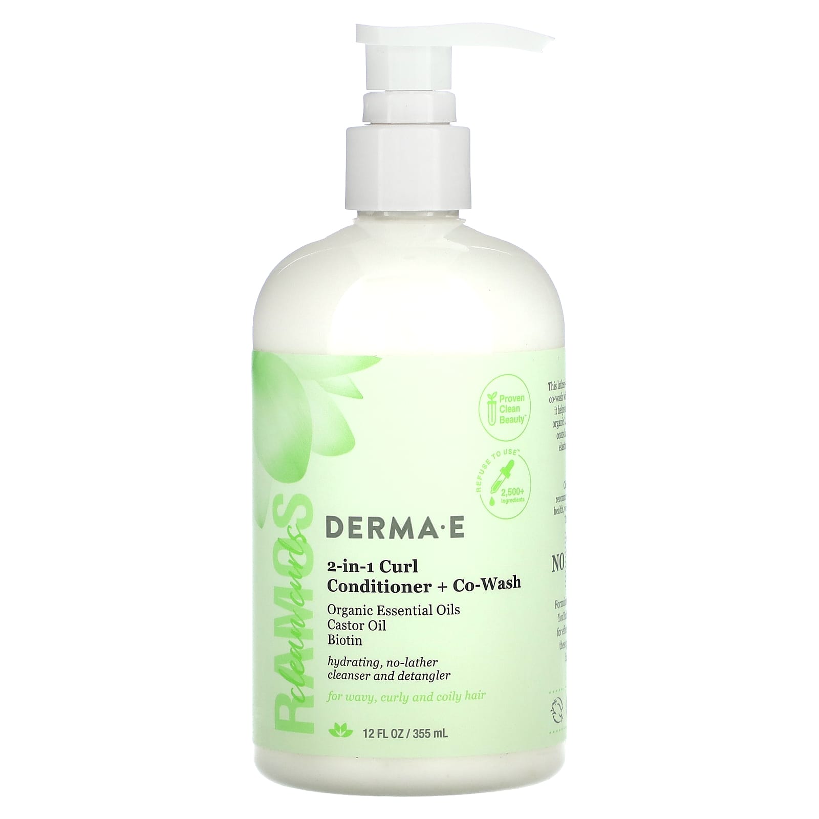 DERMA E, Ramos Clean Curls, 2 в 1, кондиционер для локонов и совместное мытье для локонов, для волнистых, вьющихся и кудрявых волос, 355 мл (12 жидк. унций)