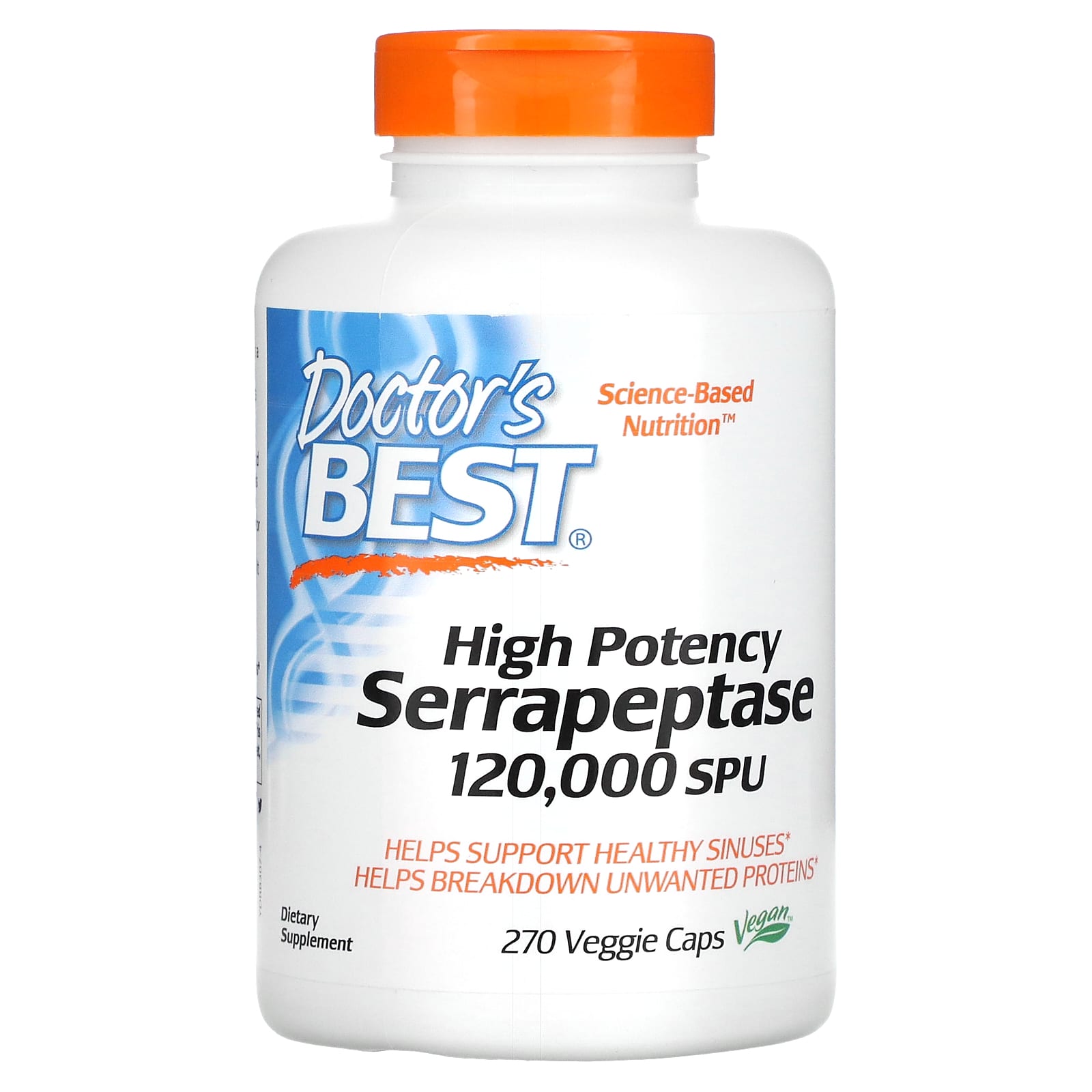 Doctor's Best, высокоэффективная серрапептаза, 120 000 SPU, 270 вегетарианских капсул