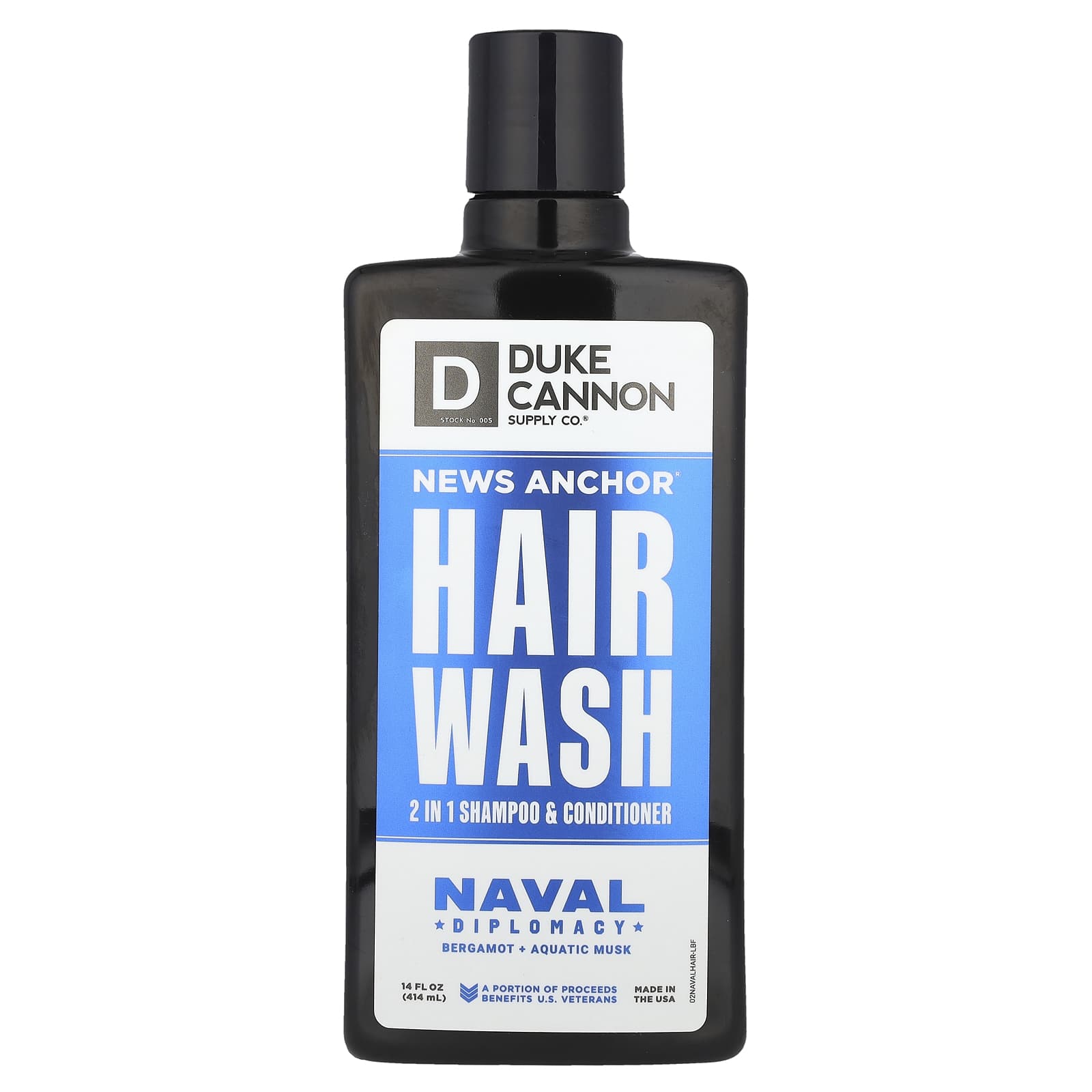 Duke Cannon Supply Co., News Anchor® Hair Wash, шампунь и кондиционер 2 в 1, Naval Diplomacy, бергамот и водный мускус, 414 мл (14 жидк. Унций)