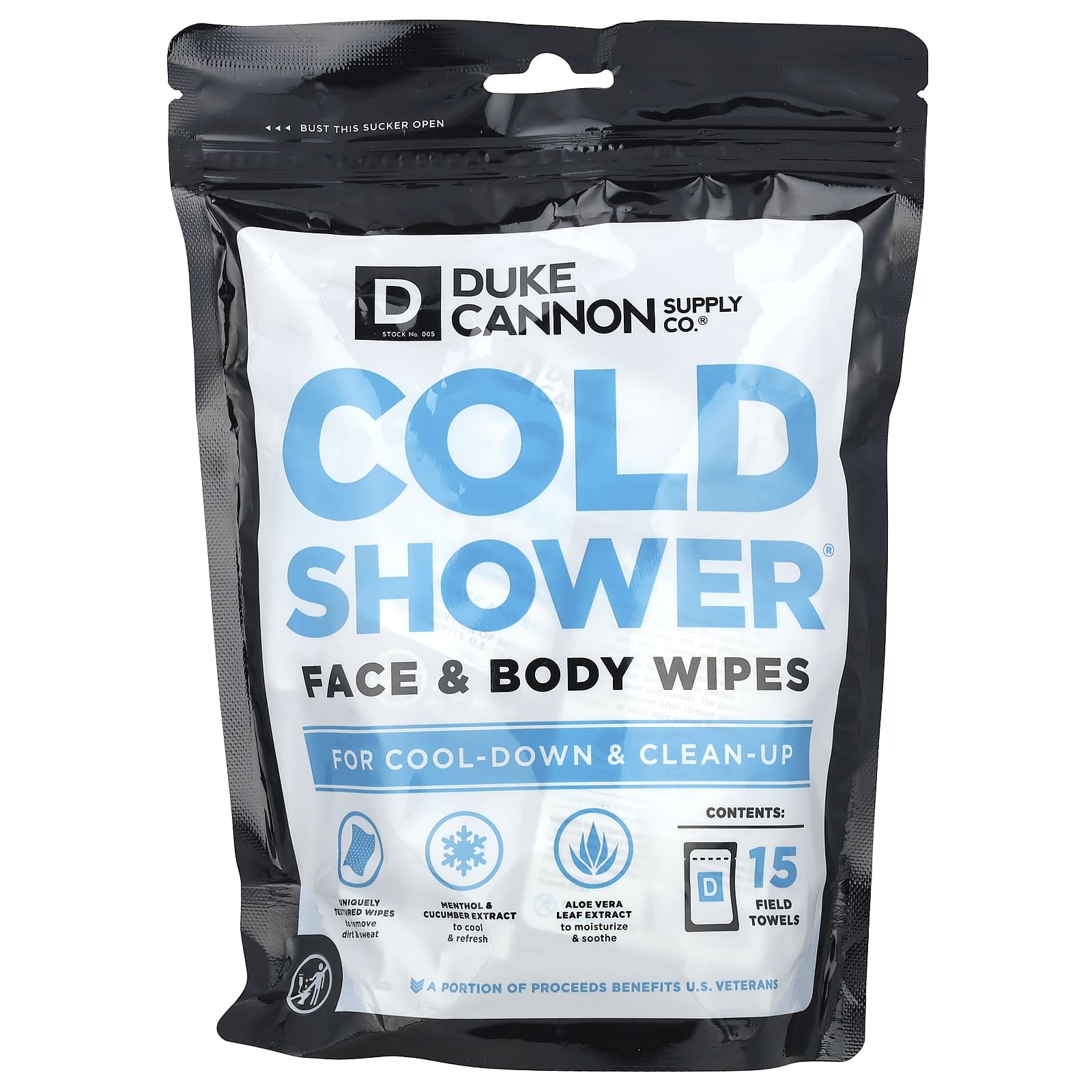 Duke Cannon Supply Co., Cold Shower®, салфетки для лица и тела, 15 полевых полотенец