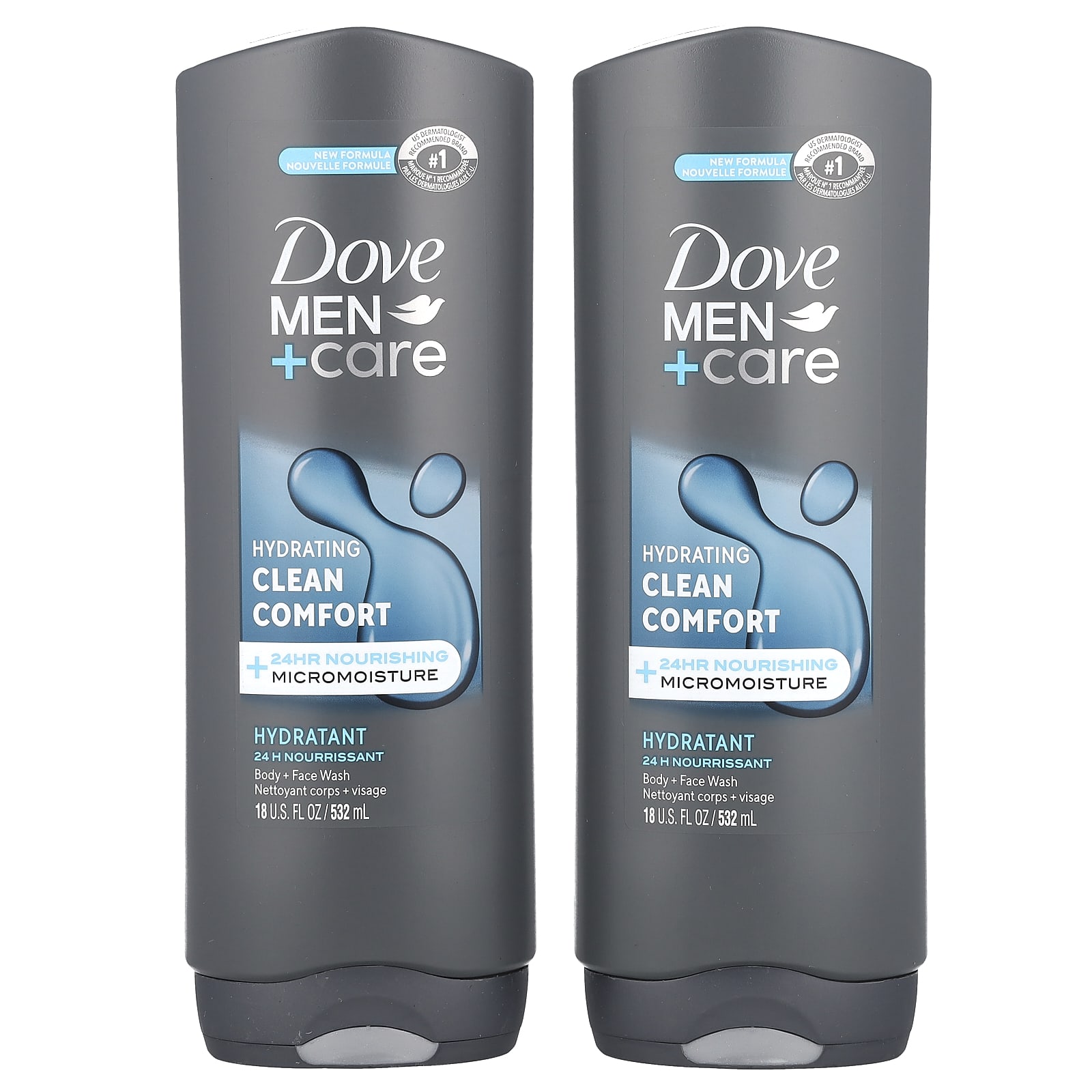 Dove, Гель для лица и тела Men+Care, аромат «Чистый комфорт», 2 шт. по 532 мл