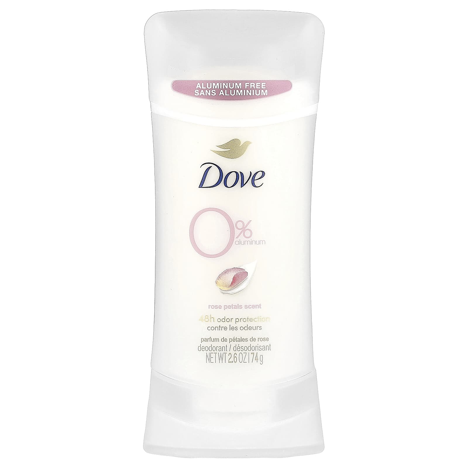 Dove, 0% алюминиевый дезодорант, с ароматом лепестков роз, 74 г (2,6 унции)