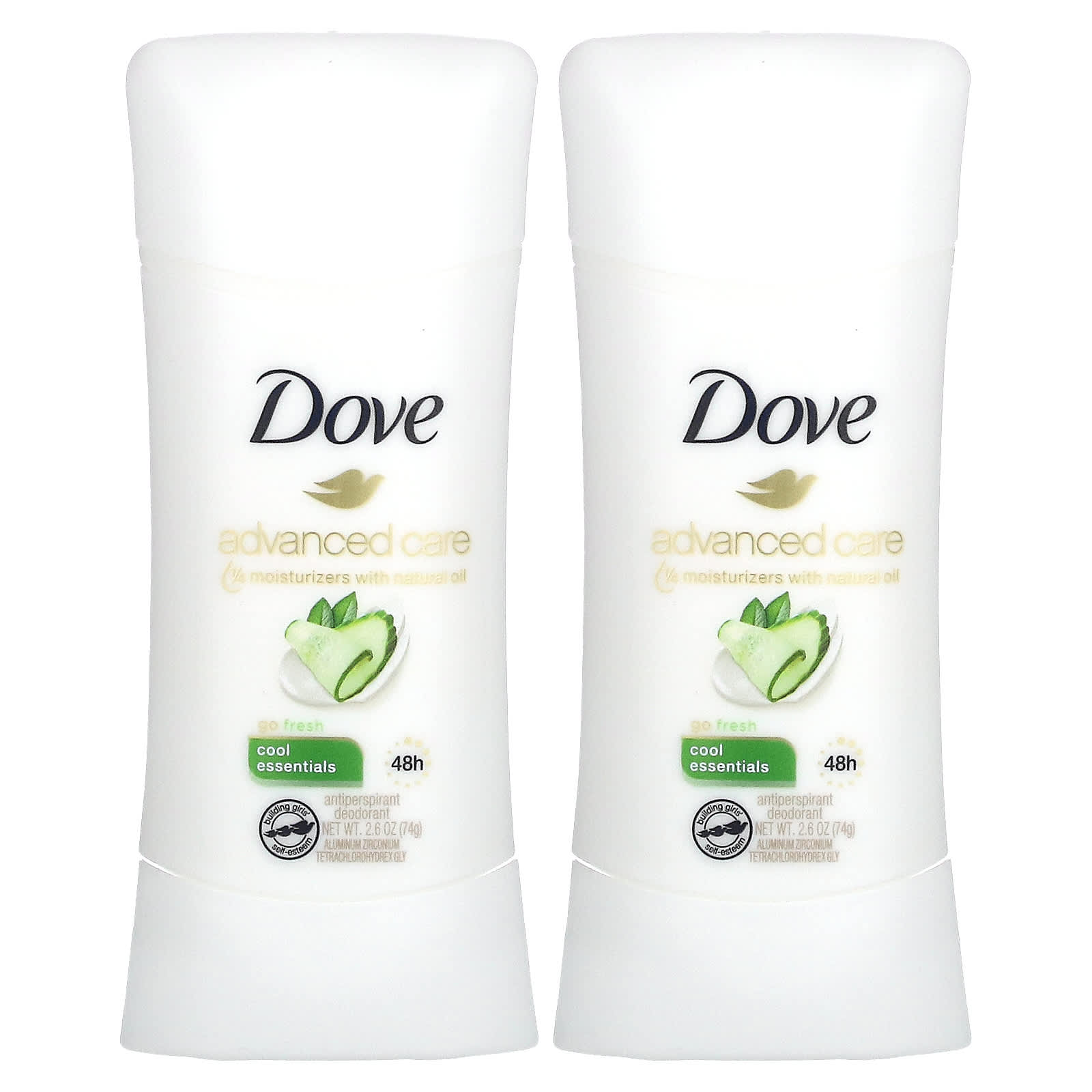 Dove, Advanced Care, дезодорант-антиперспирант, свежесть, набор из 2 шт. по 74 г (2,6 унции)