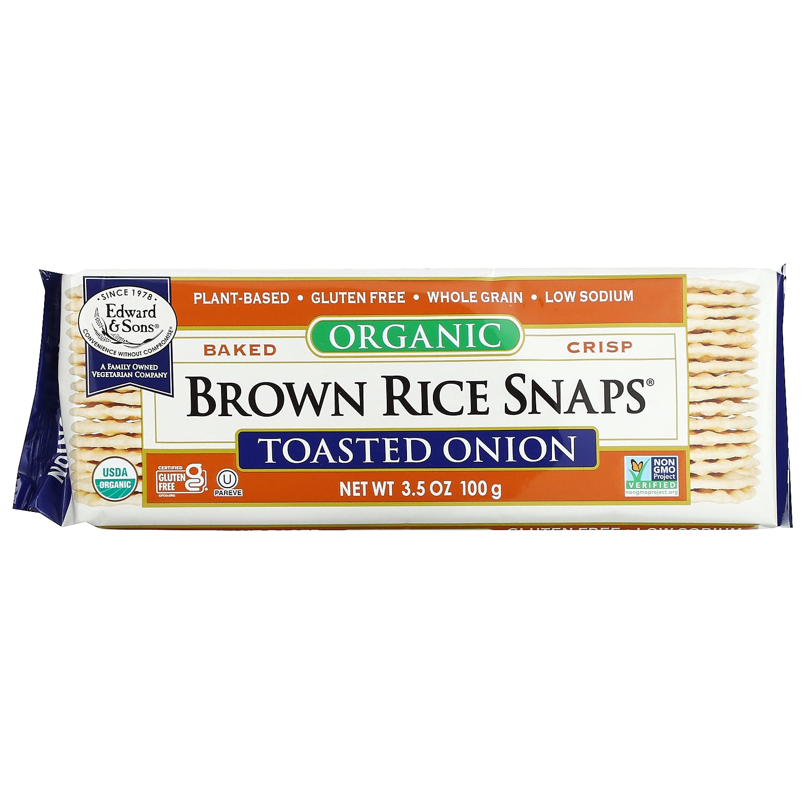 Edward - Sons, Brown Rice Snaps, органические запеченные крекеры, обжаренный лук, 100 г (3,5 унции)