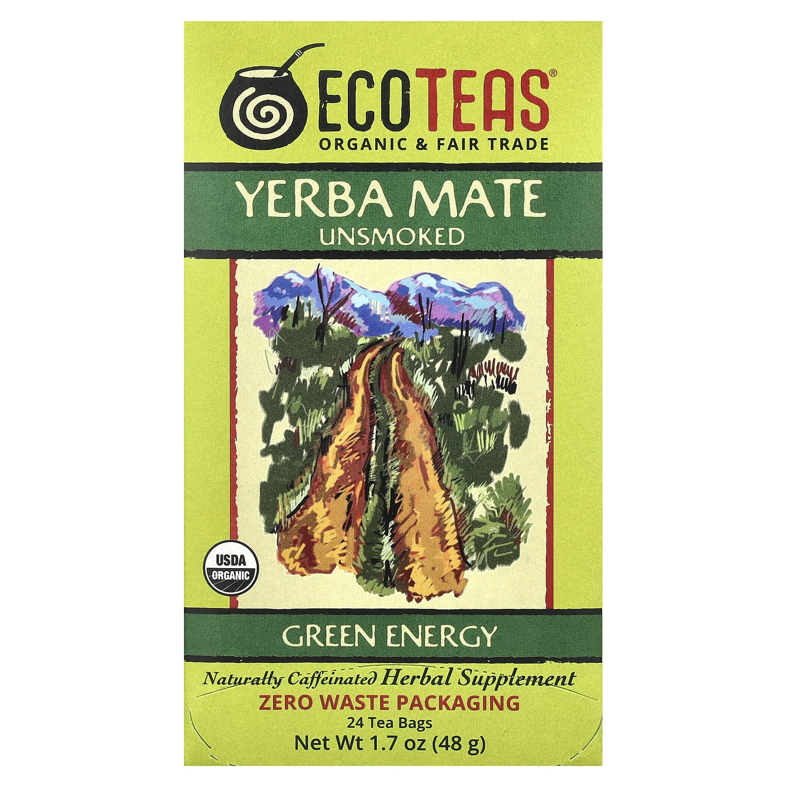 EcoTeas Yerba Mate некопченный зеленая энергия 24 чайных пакетика 48 г 17 унции 1890₽