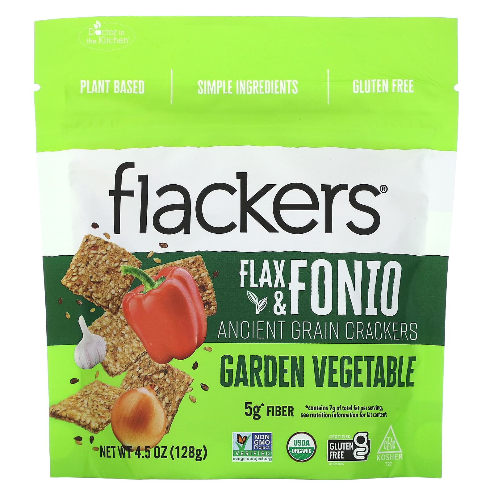 Flackers, Flax - Fonio, крекеры со вкусом традиционных злаков, садовые овощи, 128 г (4,5 унции)