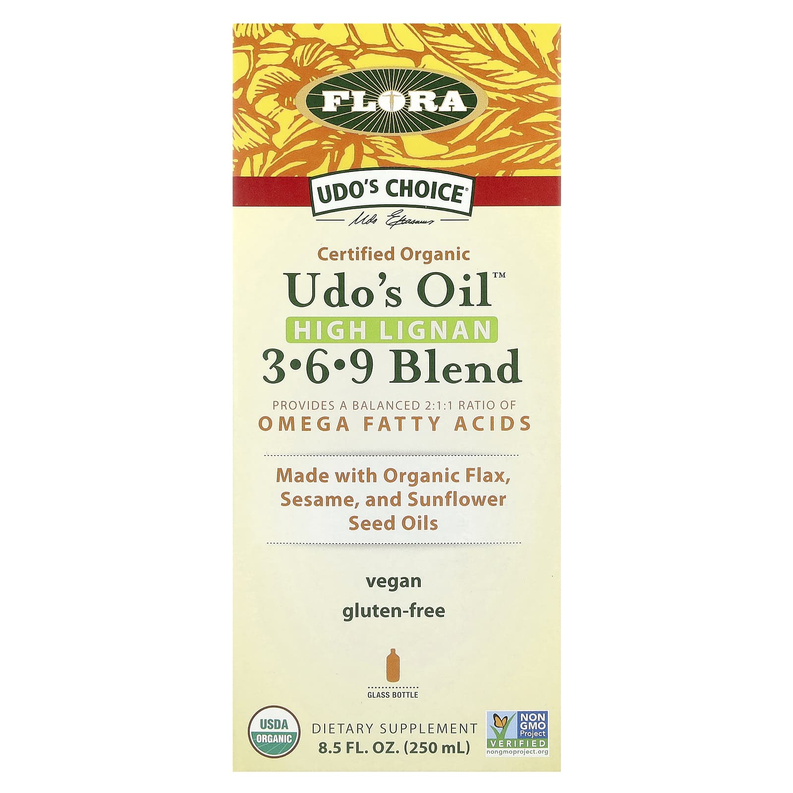 Flora, Udo's Choice, органическая смесь Udo's Oil 3, 6, 9, с высоким содержанием лигнана, 250 мл (8,5 жидк. унции)