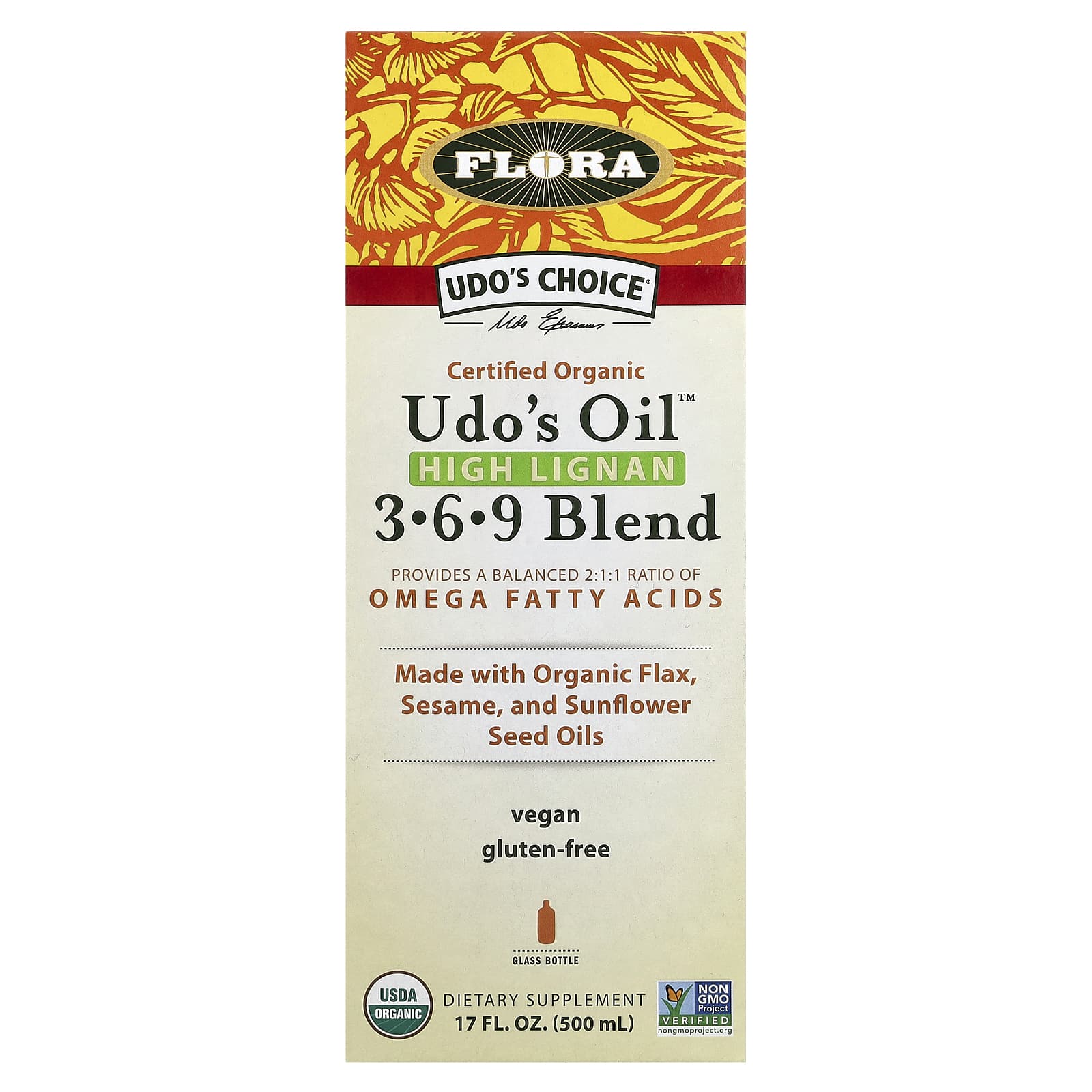 Flora, Udo's Choice, сертифицированная органическая смесь Udo's Oil с высоким содержанием лигнана 3, 6, 9, 500 мл (17 жидк. унций)