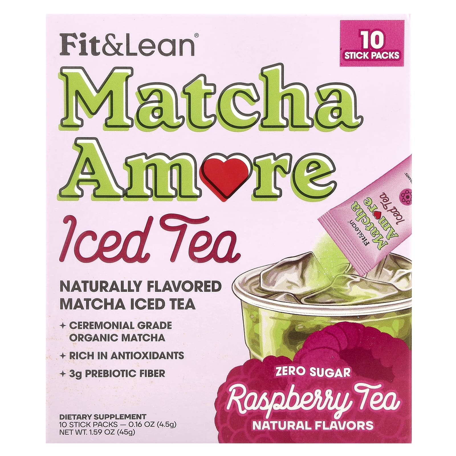 Fit & Lean, Чай со льдом Matcha Amore, малиновый чай, 10 пакетиков в стиках по 4,5 г (0,16 унции)