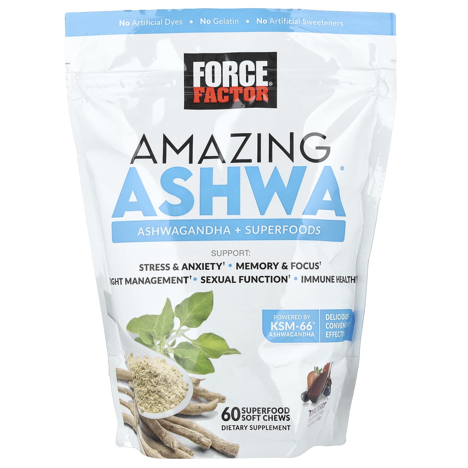 Force Factor, Amazing Ashwa, тройная ягода, 60 жевательных таблеток