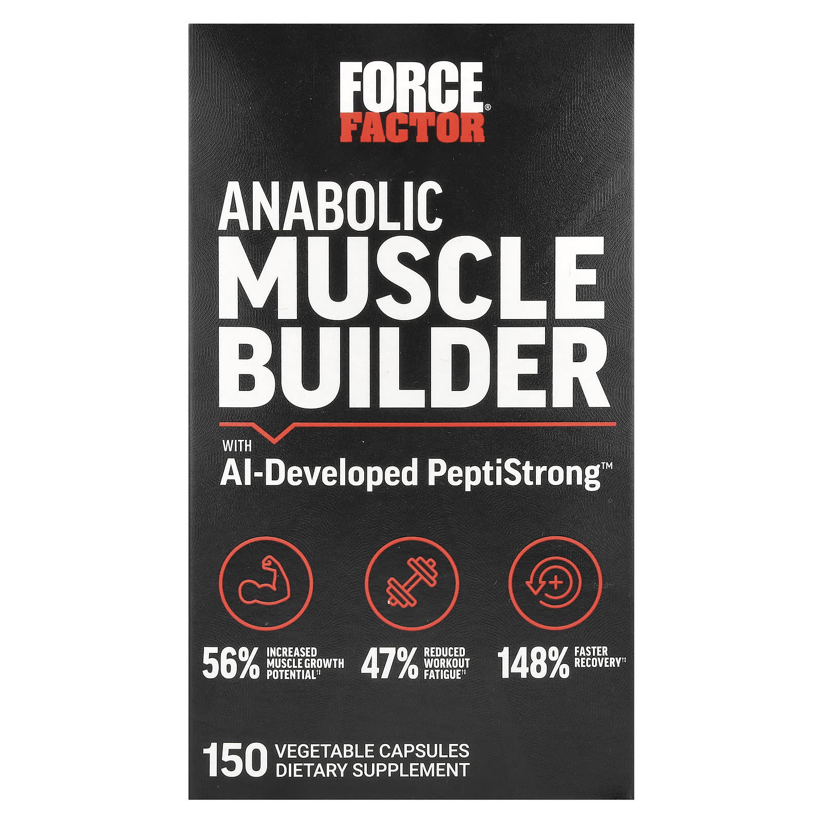 Force Factor, средство для наращивания мышечной массы с разработанным искусственным интеллектом PeptiStrong, 150 растительных капсул