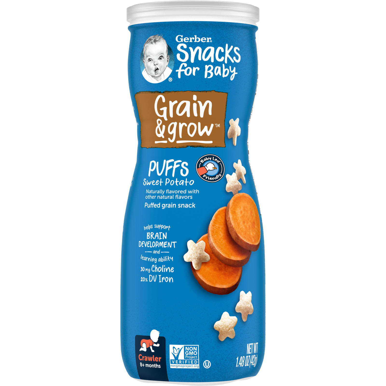 Gerber, Snacks for Baby, Grain & Grow, Puffs, воздушные закуски, для детей от 8 месяцев, батат, 42 г (1,48 унции)