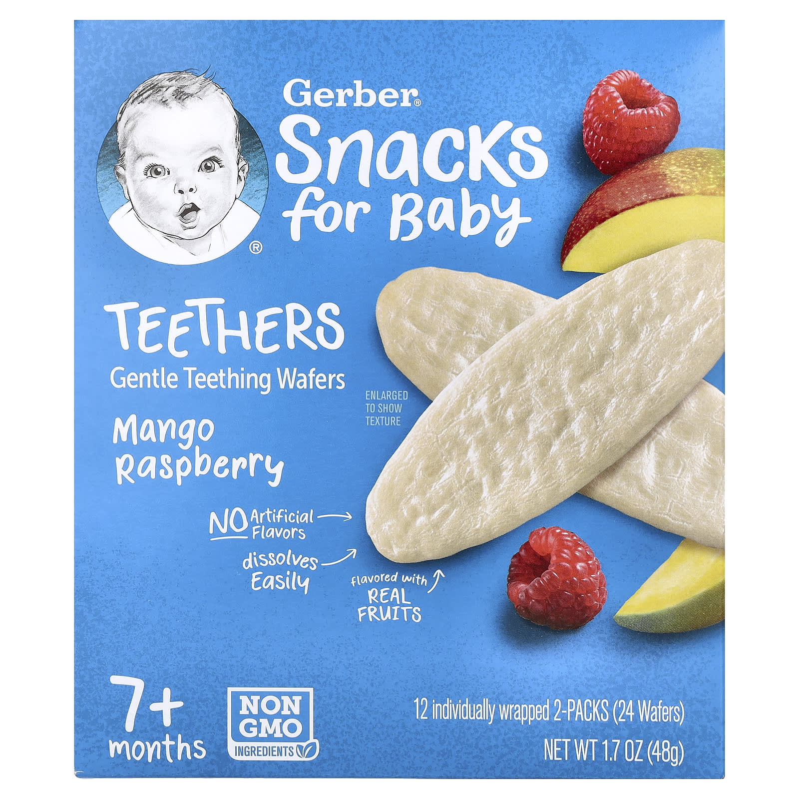 Gerber, Snacks for Baby, прорезыватели, вафли для защиты зубов, от 7 месяцев, манго и малина, 12 упаковок в индивидуальной упаковке, 2 пакетика по 4 г (0,14 унции)