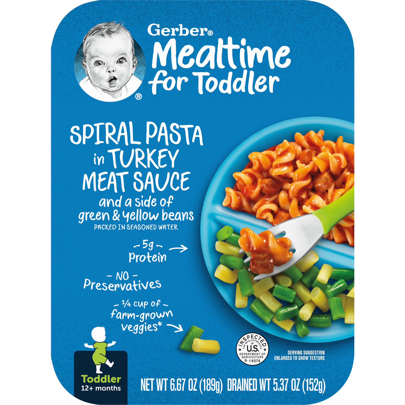 Gerber, Mealtime for Toddlers, от 12 месяцев, спиральная паста по-турецки с мясным соусом и гарниром из зеленой и желтой фасоли, 189 г (6,67 унции)