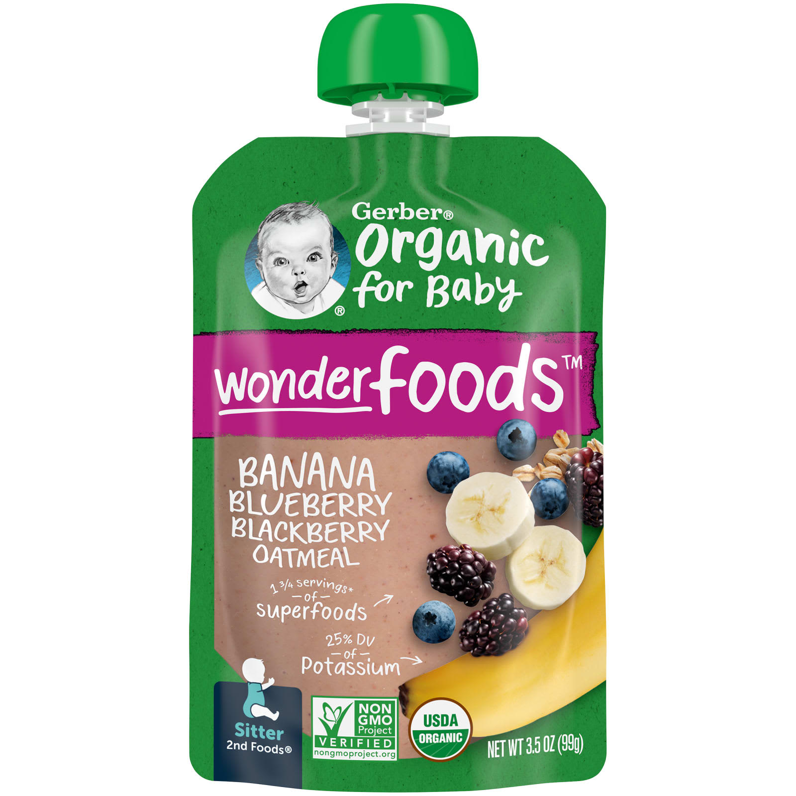 Gerber, Organic for Baby, Wonder Foods, 2nd Foods, банан, черника и ежевика, овсянка, 99 г (3,5 унции)