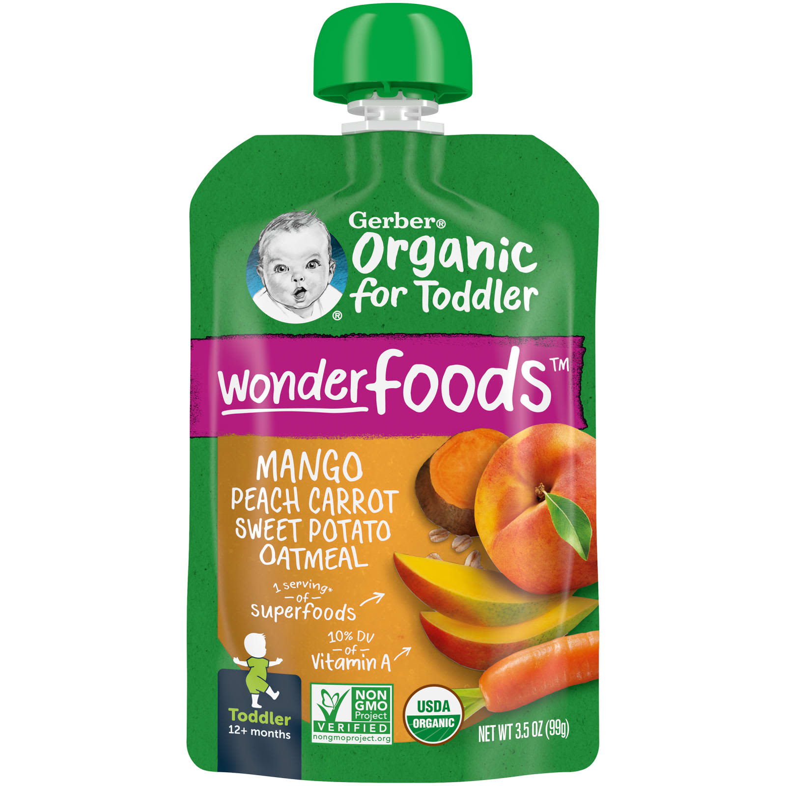 Gerber, Organic Mango, Peach, Carrot, Sweet Potato, Oatmeal, Toddler, 12+ Months, 3.5 oz (99 g)