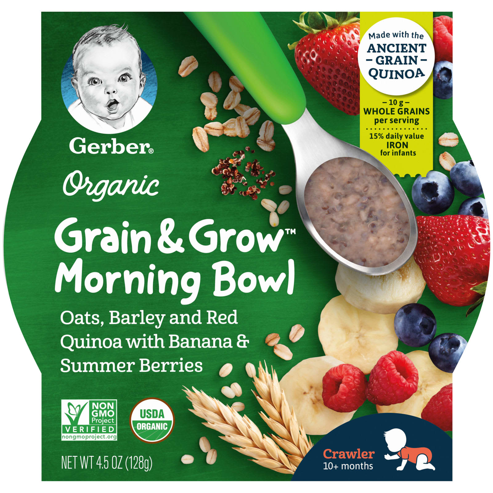 Gerber, Organic, Grain & Grow, Morning Bowl, для малышей от 10 месяцев, овес, ячмень, красная киноа с бананом и летними ягодами, 128 г (4,5 унции)