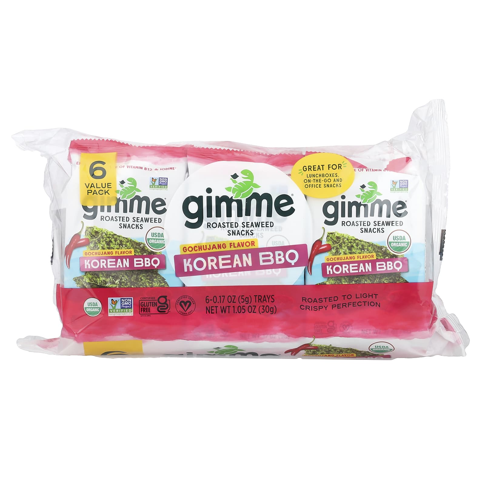 gimMe, Снеки из жареных морских водорослей, корейское барбекю, 6 пакетиков по 5 г (0,17 унции)